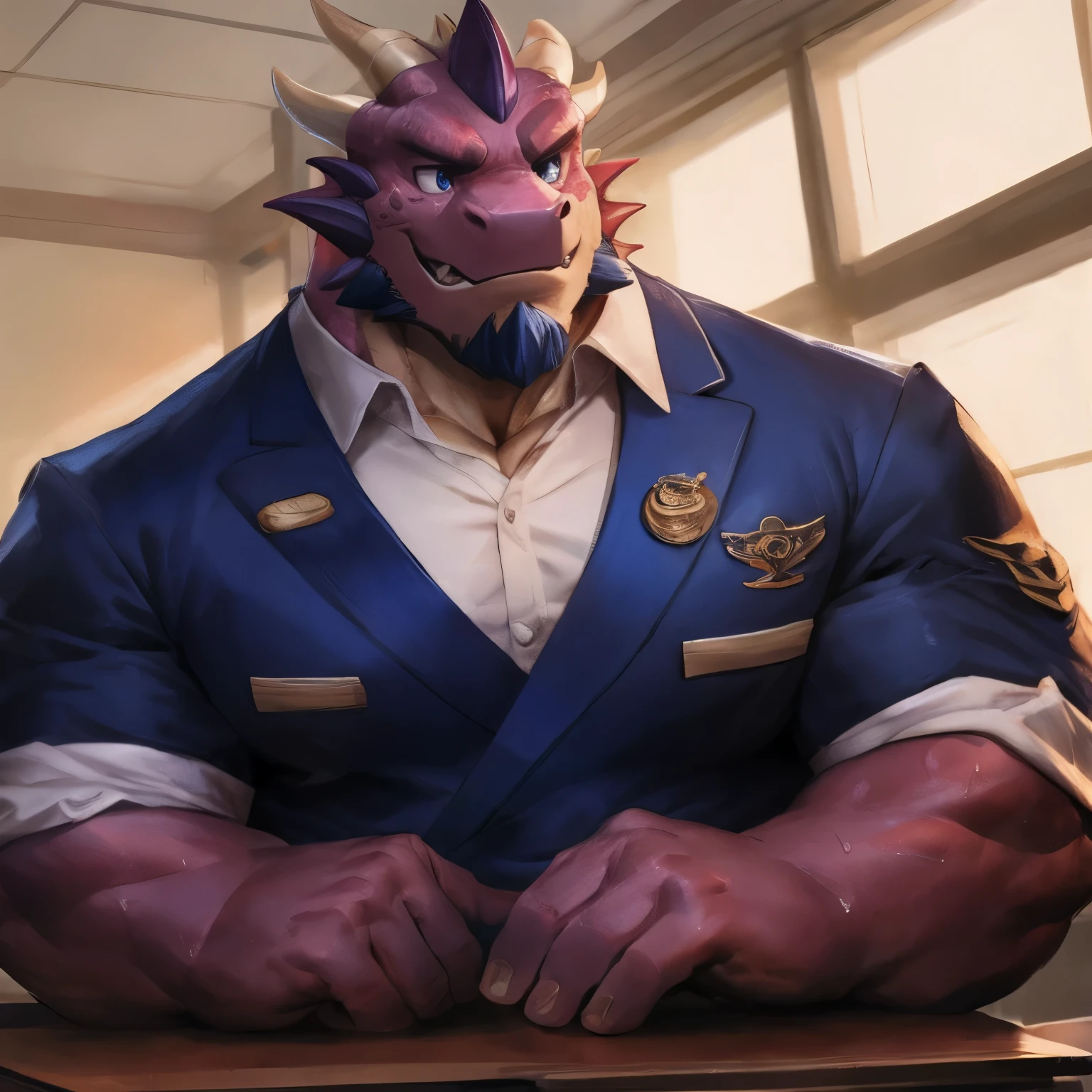 human nature , Male, Lonely,Full body image, (( the strong , handsome)), (dragon) fur, ), (school background), Japanese schoolgirl , Navy blazer ,School shirt ,Langarm,Marine Karobroek,sweat:1.3,white socks, high quality , (4K, high quality , high-resolution , masterpiece), Front view (Close-up), cartoon,by lindong