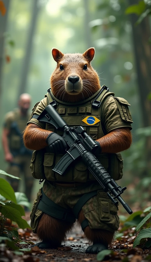 An anthropomorphic spectacled bear in a Colombian police suit and sunglasses