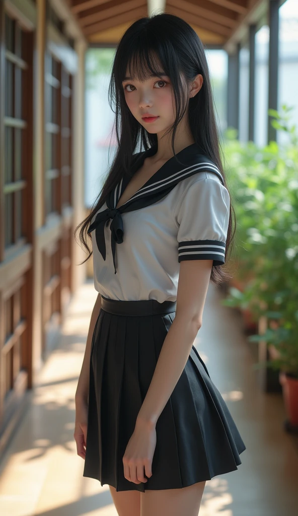 (RAW Photography、top-quality、in 8K、32K、masterpiece、nffsw、超A high resolution、Impresionismo、Photorealsitic:1.2)、cowboy shot, detailed faces and eyes、 Inside the classroom、Schools、Evening glow、beauitful face、blurry backround、16-year-old beautiful girl、shinny skin、Side Up、Beautiful black hair、Blunt bangs、Red Eye、(Katyusha:1.2)、a sailor suit、Pleated miniskirt、Curve、Sitting on a desk、