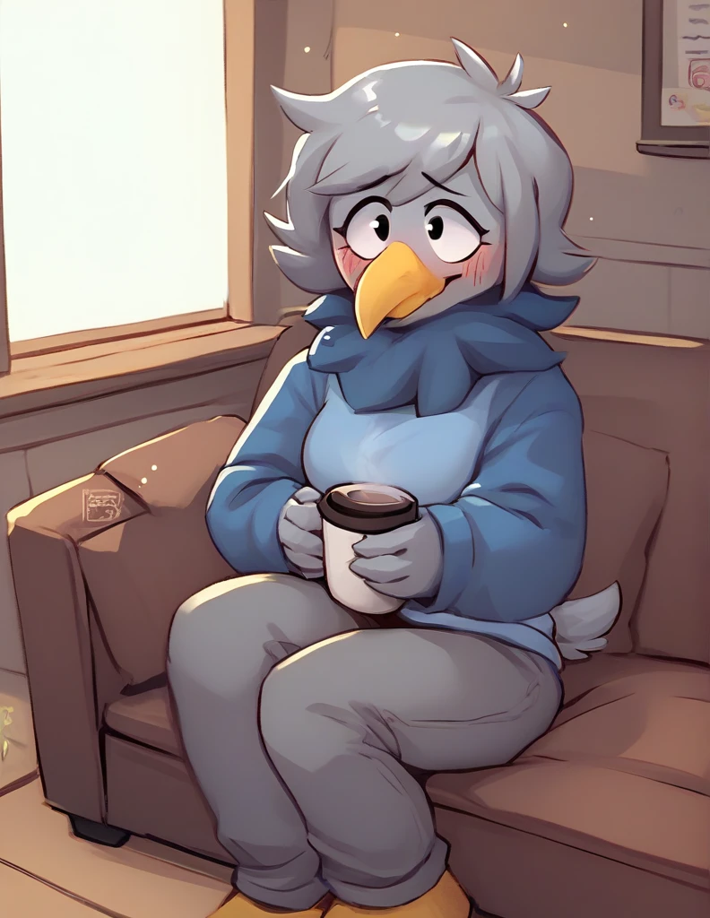 Martlet ,  Undertale Yellow , short gray hair,  Plumage Gray ,  Wings instead of arms ,  Long patalon Dark blue ,  gray bird legs ,  short gray bird tail ,  plumage around its gray neck,  yellow bird beak ,  Simple background, blush, Avián , anthropomorphic, FE, shy,  Light smile,  looking at the spectator,  Seductive smile, breasts, inside a cabin, Sitting on the couch, drinking coffee.