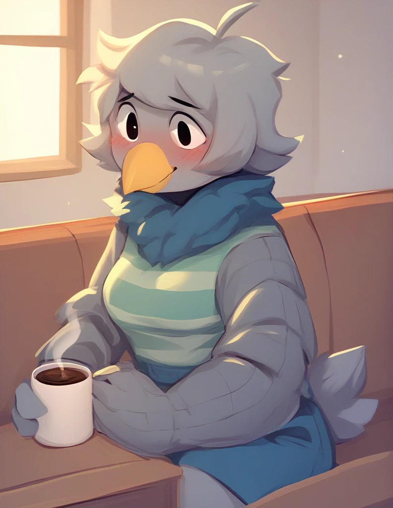 Martlet ,  Undertale Yellow , short gray hair,  Plumage Gray ,  Wings instead of arms ,  Long patalon Dark blue ,  gray bird legs ,  short gray bird tail ,  plumage around its gray neck,  yellow bird beak ,  Simple background, blush, Avián , anthropomorphic, FE, shy,  Light smile,  looking at the spectator,  Seductive smile, breasts, inside a cabin, Sitting on the couch, drinking coffee.