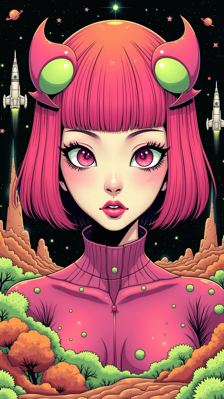 ((best quality)), ((masterpiece)), (detailed), perfect face of cyberpunk mecha japanese girl, neon pink body, neon pink hair, big neon pink eyes, ((monochromatic neon pink, orange and lime green color palette)), surreal, art nouveau, in the illustrative style of moebius, spaceships, aliens, fantasy, sci-fi, graphic novel, line drawing, french retro, bizarre, gallery worthy, work of uncanny art, splashes of neon lime green, ulzzang, 
