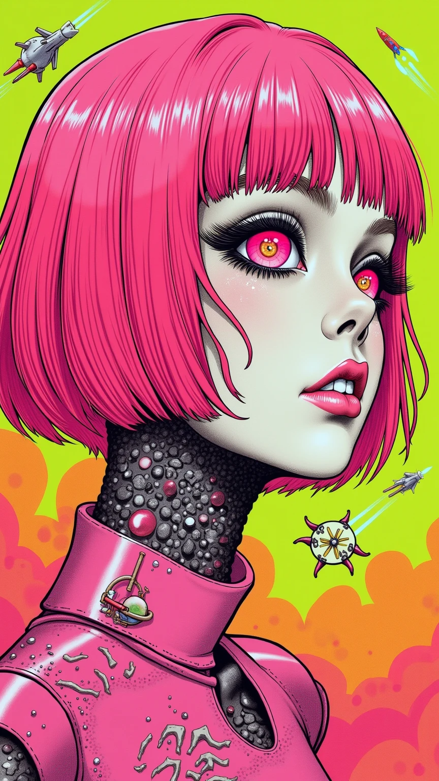 ((best quality)), ((masterpiece)), (detailed), perfect face of cyberpunk mecha japanese girl, neon pink body, neon pink hair, big neon pink eyes, ((monochromatic neon pink, orange and lime green color palette)), surreal, art nouveau, in the illustrative style of moebius, spaceships, aliens, fantasy, sci-fi, graphic novel, line drawing, french retro, bizarre, gallery worthy, work of uncanny art, splashes of neon lime green, ulzzang, 
