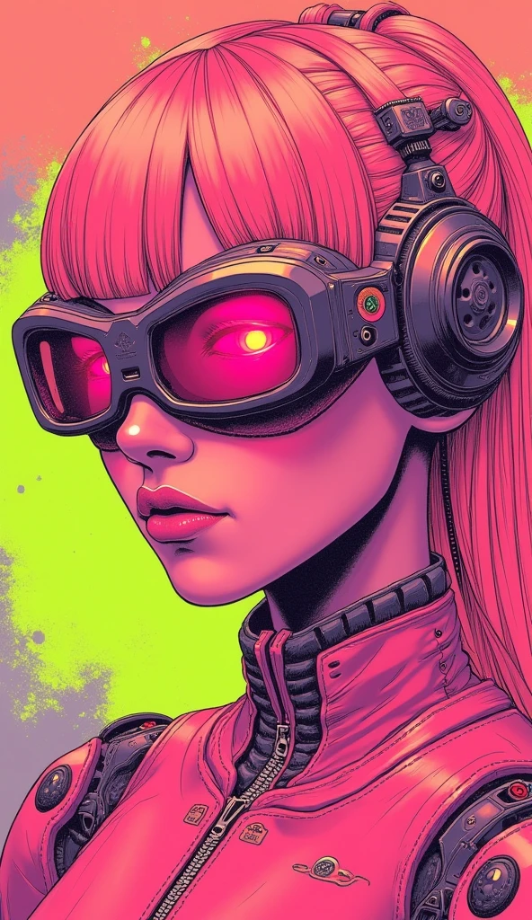 ((best quality)), ((masterpiece)), (detailed), perfect face of cyberpunk mecha japanese girl, neon pink body, neon pink hair, big neon pink eyes, ((monochromatic neon pink, orange and lime green color palette)), surreal, art nouveau, in the illustrative style of moebius, spaceships, aliens, fantasy, sci-fi, graphic novel, line drawing, french retro, bizarre, gallery worthy, work of uncanny art, splashes of neon lime green, ulzzang, 
