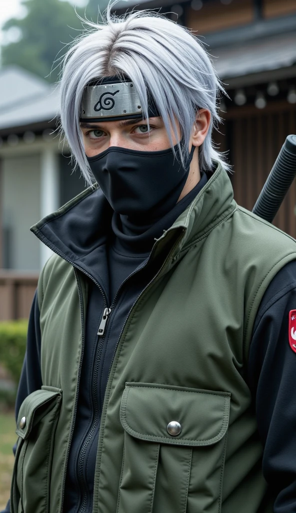 Kakashi Hatake, man, age 30, portrait from chest to hips, masked shinobi with silver hair and a visible dark grey eye, wearing a standard jonin vest, utility pouches on waist, raindrops glistening on his metal headband, photoreal digital art, cinematic lighting