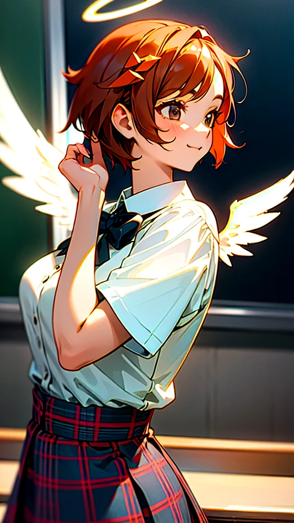 Masterpiece, Top Quality, High Resolution, Masterpiece, Adult Woman, Single, Yellow Sweater, Long Sleeve Sweater, Pleated Miniskirt, Black Miniskirt, Short Hair, Evil Smile, Black Hair, Bat Wings, Evil Smile, Evil Plan, School Uniform, Uniform, Blue Eyes, Jail, Indoor