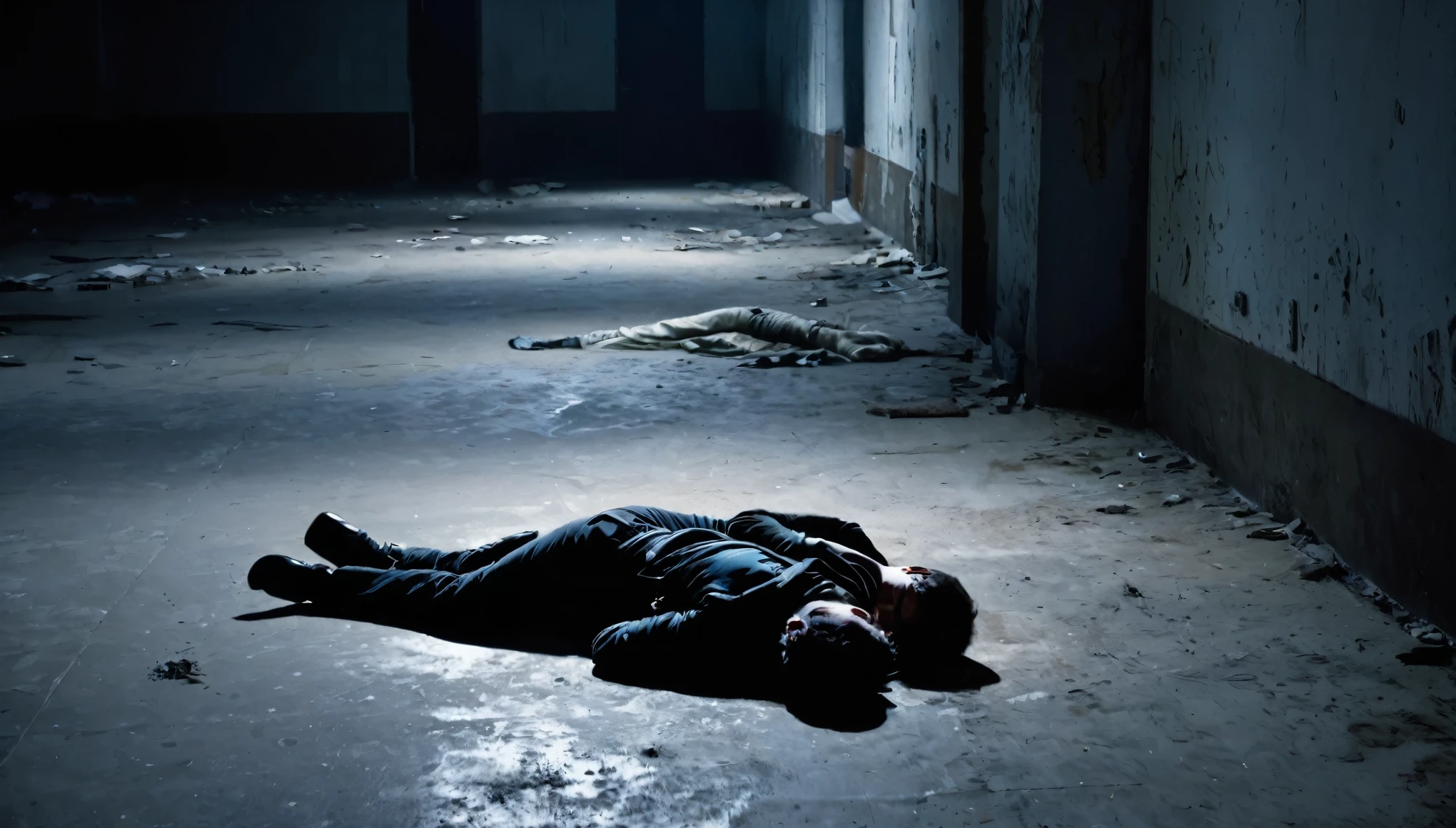 two napped hostage, on the floor of a building, dark night, dirty, abandoned place
