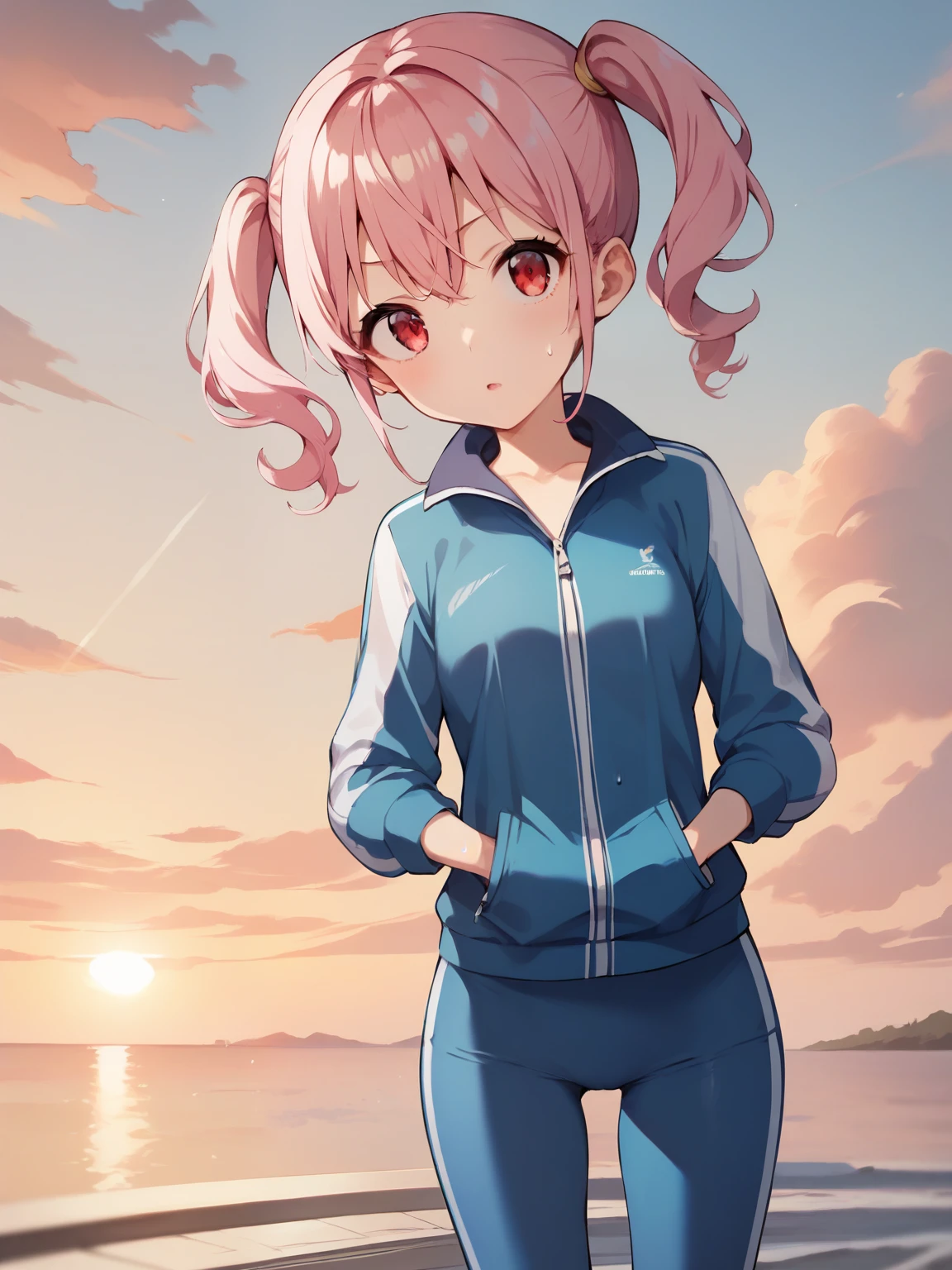  score_9,  score_8_up,  score_7_up, sauce_anime break，High image quality，masterpiece, Best Quality,  super high definition, ( beautiful very young girl  :1.3)， straight hair，Pink Hair，Teenage girl ， toddler figure ，Baby Face，Big Eyes，( tight blue sweatpants:1.3), ( The jacket is a blue track jacket:1.3)，( small hips )， growing skin ， smiles lightly，fujisaki shiori， rear view of posture，red eyes，The sunset is dazzling when entering the waterway，Wet，Sunset Reflections ，Beautiful sunset，( skinny:1.5)， head tilt ，