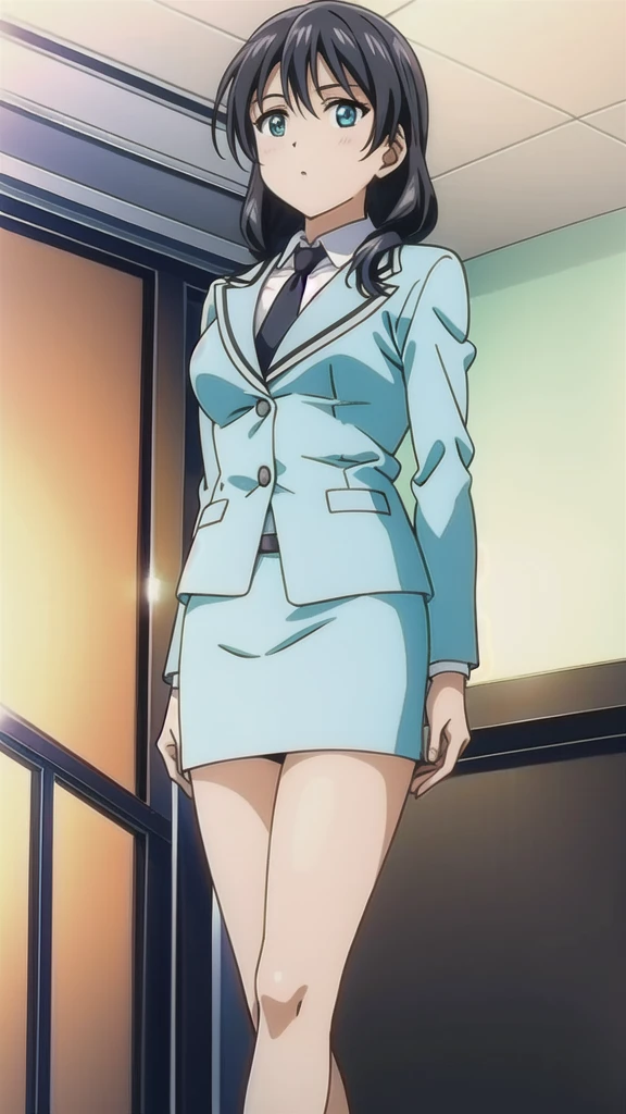 Black Hair、 Long Straight Hair、Green Eyes，悲しいface， Full Body Style 、 normal breasts、 narrow waist 、Bare legs、In a suit、 blue jacket ,襟付きshirt, shirt, yellow tie ,belt,,  Blue Mini Pencil Skirt, black tights，White pumps，My legs are slightly flabby， official art, Extremely High Definition CG Unity 8k Wallpaper,  full light, colorful , bright _ Front_face_Lighting,  shiny skin, ( masterpiece:1.0),(Highest_quality:1.0), 超 high resolution on down,4K,Ultra-detailed, photo shoot, 8k,  high resolution on down,  high resolution on down,  absurd:1.2,  Kodak Portra 400,  film grain,  blurry background, Bokeh:1.2,  lens flare , (Vibrant_ color:1.2), Professional photography,Anime Images、