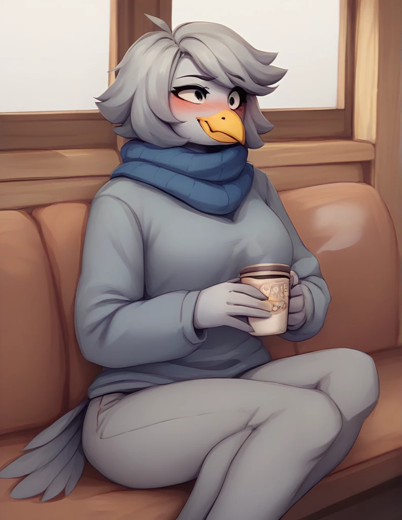 Martlet ,  Undertale Yellow , short gray hair,  Plumage Gray ,  Wings instead of arms ,  Long patalon Dark blue ,  gray bird legs ,  short gray bird tail ,  plumage around its gray neck,  yellow bird beak ,  Simple background, blush, Avián , anthropomorphic, FE,  Light smile,  seductive smile ,  looking at the spectator,  seductive smile , breasts, inside a cabin, Sitting on the couch, drinking coffee.