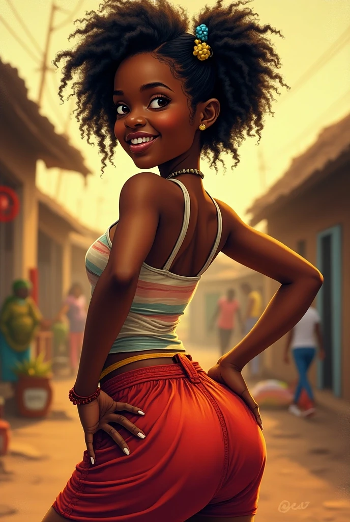 Beggar Woman, forty years old, fat body, Black skin, african style , dreadlock hair, naked body, showing her small and large waist, sitting in an alley of Brazilian street, near to trash can