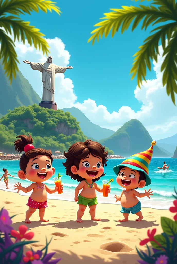 These three cartoon characters on the beach in Rio de Janeiro - SeaArt AI