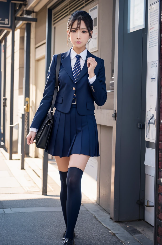 Japan pretty girl, (real, hi-res: 1.4), 1 girl, (natural light), (more face, more hair, more skin), (medium breasted), (mouth open: 1.1), big eyes, slender, legs, medium hips, full body shot, standing, short hair, (school uniform: 1.2), (pantyhose: 1.4),(gloves:1.4),leather collar