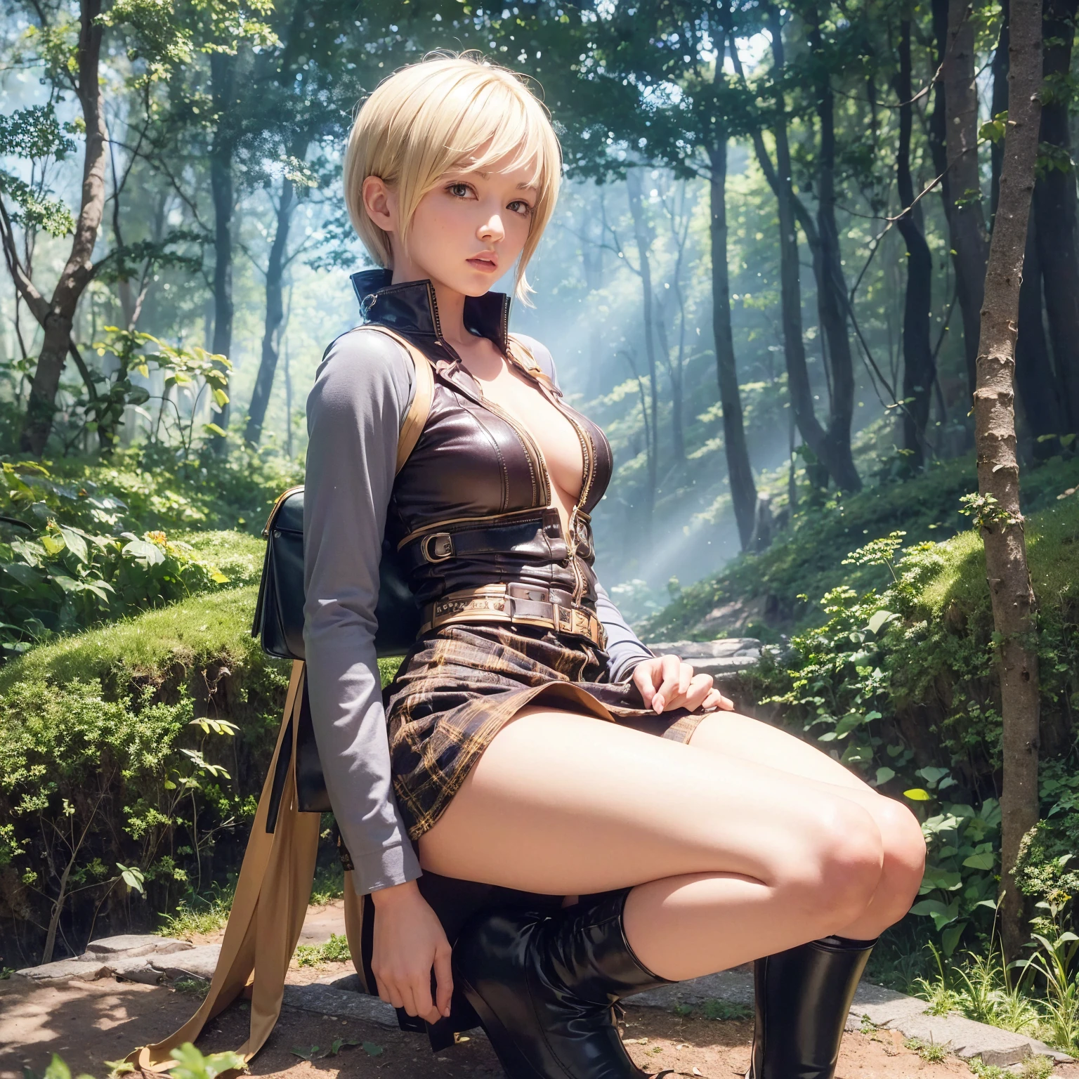 ryuu,  thight boots, cloak, elbow gloves, green underwear, white t-shirt, long thight boots, brown boots, elf ears, full body, breast focus, (detailed eyes), (realism:1.2), (masterpiece:1.2), (best quality), (ultra detailed), (8k, intricate), (85mm), light particles, lighting, (highly detailed:1.2), (gradients), sfw, colorful, daylight, solo.