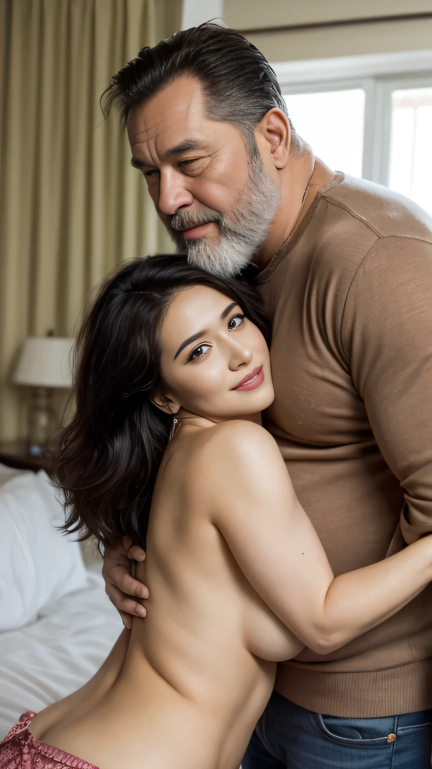 Jean Claude Van Damme (Old Man) and a young Salma Hayek, age difference, age difference, giant size, 45 year old man,couple,1oldman, muscular body oldman,long white beard,(perfect face),perfect eyes,perfect body,ultra detailed face, smiling face, hairy body, standing hugging, hugging , sexy body size, embarrassed blushing face, sexual position,embrace shoulder, a black-haired old man, naked, bedroom, detailed face, realistic, huge breasts ,off shoulder revealing breasts
