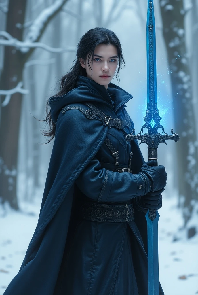 Create magic the gathering style a white-skinned man with smooth black hair with a smooth face with blue eyes wearing an ornate leather cloak holding a matte metallic blue sword with ornaments in a snowy forest