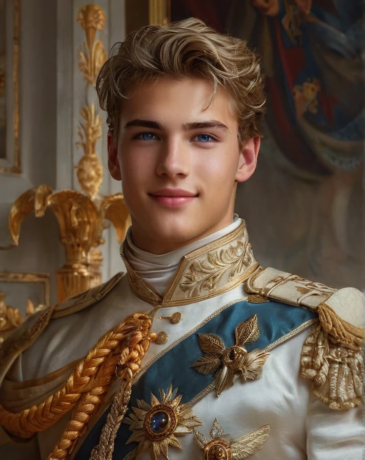  A reale foto, realistic, A handsome young man 18 years old, very very beautyfull face, god apollo,High Resolution, Blonde Hair, Blue eyes, Smile, Nose Blush, 