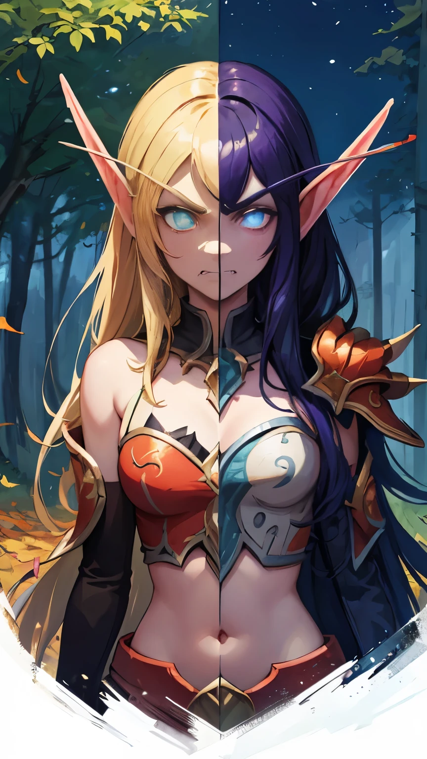(Masterpiece, highly detailed, highly quality, highly resolutions), 2 Pointy Ears, 2 eyebrows, line between the middle, Split Colored Hair in the Middle, cut the screen in the Middle, cut the Sun and Moon in Half, Split Colored Lips in the Middle, ({{BREAK nightelf, SplitScreen, split screen, Left screen, angry, clenched teeth, glowing eyes, left blue eyes, left Purple Hair, colored skin, mature female, purple Dress, purple shoulder pad, Navel, Cleavage, purple lips, looking at viewer, night, Sleeve, Long eyebrows, Princess of the Moon, Moon Background, left Half Moon center}}), vs, (BREAK bldelf, SplitScreen, splitscreen, Right Screen, angry, clenched teeth, glowing eyes, right Green eyes, right Blonde hair, colored sclera, mature female, Red Dress, red shoulder pad, Navel, cleavage, red lips, looking at viewer, day, Sleeves, long Eyebrows, Princess of the Sun, Sun Background, right Half Sun center))