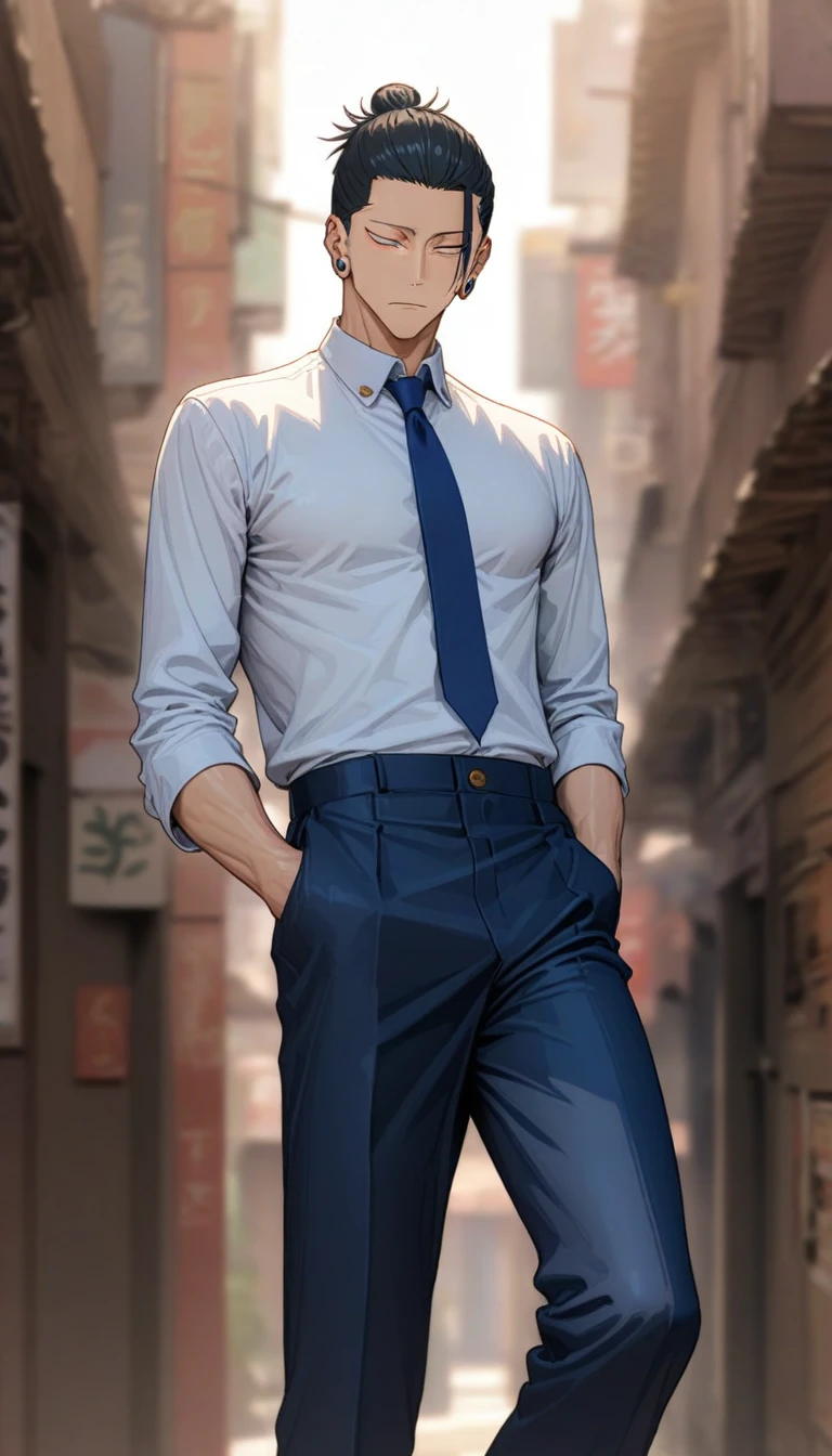 half-body, feet out the frame, standing, 1boy, Geto Suguru, solo, expressive golden eyes, black hair, single hair bun closed mouth, handsome, cool, toned body, lean, school uniform, white shirt with blue necktie, marine pants, ear piercing (detailed beautiful face and eyes), HDR, absurdres, highres, ultra detailed, Jujutsu Kaisen, simple background, (masterpiece, 8k, best quality:1.3)