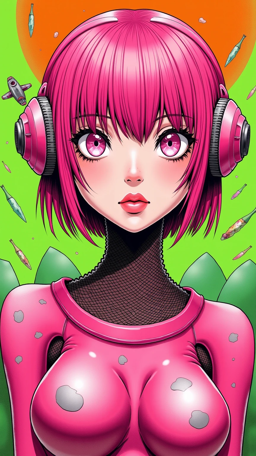 ((best quality)), ((masterpiece)), (detailed), perfect face of cyberpunk mecha japanese girl, neon pink body, neon pink hair, big neon pink eyes, ((monochromatic neon pink, orange and lime green color palette)), surreal, art nouveau, in the illustrative style of moebius, spaceships, aliens, fantasy, sci-fi, graphic novel, line drawing, french retro, bizarre, gallery worthy, work of uncanny art, splashes of neon lime green, ulzzang, big breasts, cleavage, 
