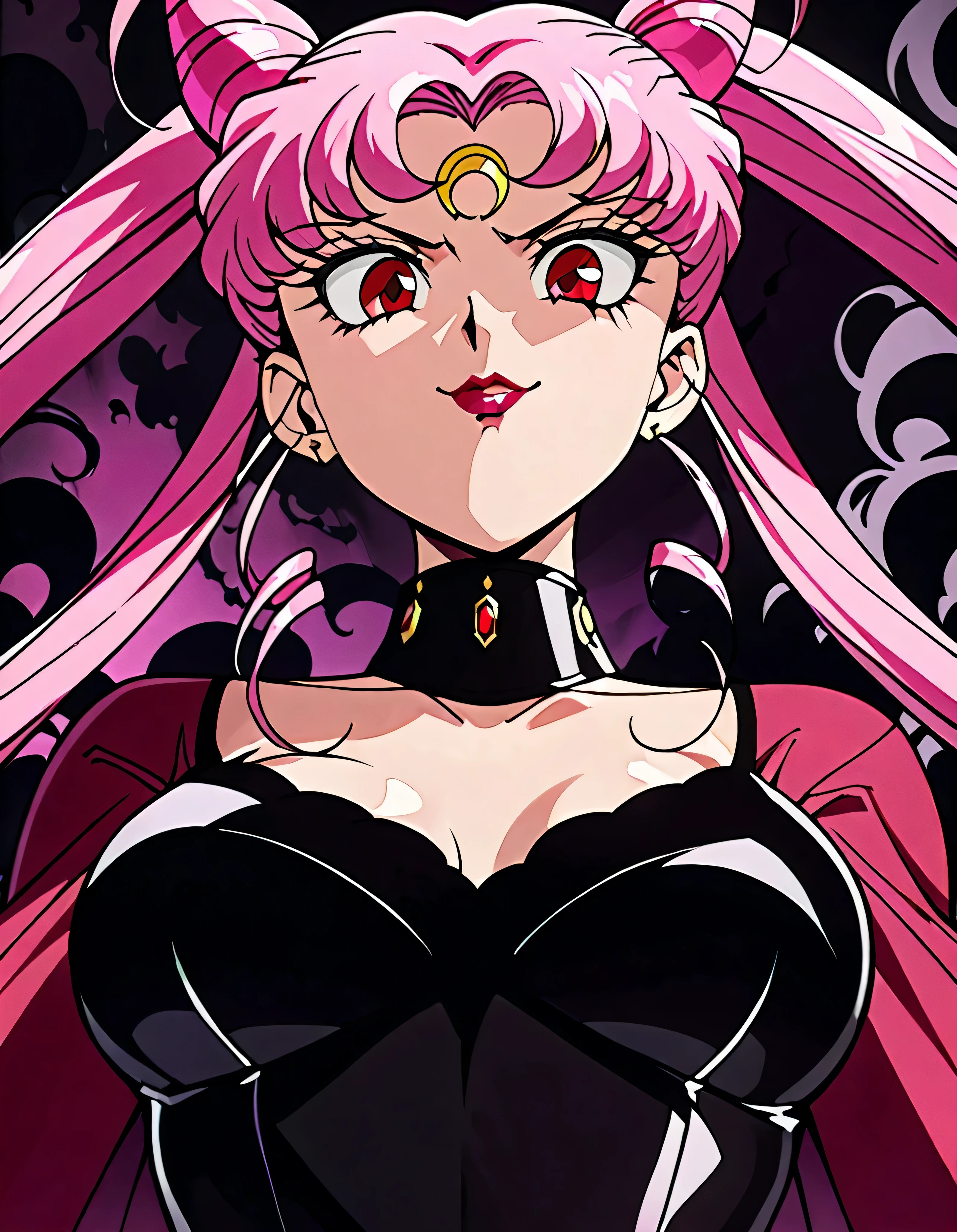  Sailor Moon Wicked Lady, Pink Hair, Red eyes, ,  Black Crescent Moon Mark on Forehead , very evil smirk,beautiful body,shaded face(eyes in evil shadow),((masterpiece,best quality)), absurdes,black dress,upper body,beautiful face,,looking down at viewer,twintail,,Sadistic ridicule,look down,looking down at viewer, ,,from below,close up,Dark Side、Alone.1girl、darkness,wander,cyberpunk,evil and huge black ink swirl background,