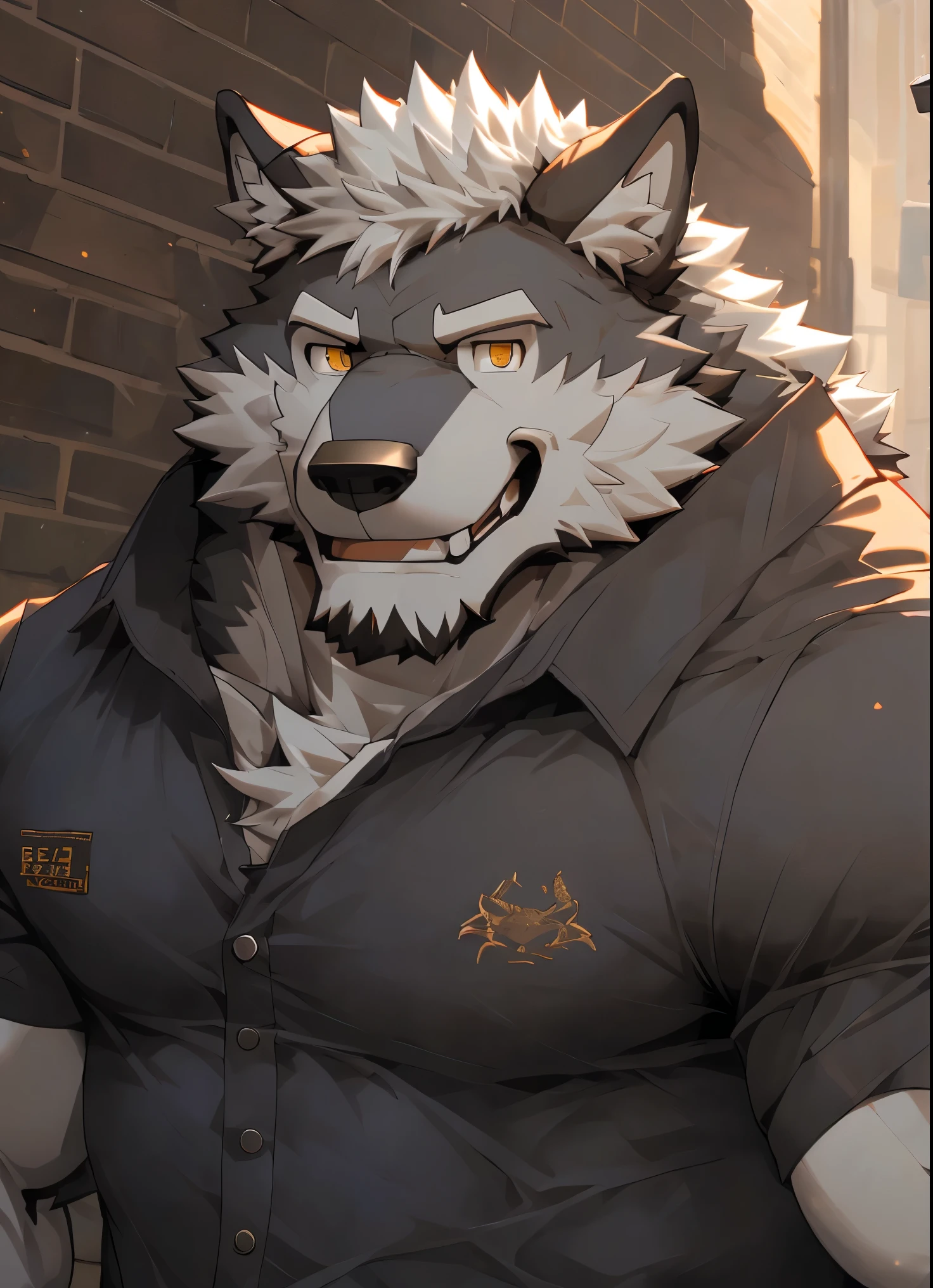 Man, alone, trench coat (black color), kemono, from the front, barazoku, shaggy dog ​​(rottweiler breed), hairy, muscular body, fat (fat, fat), thick beard, red eyes, faded haircut, color silver hair, left arm tattoos, right eye scar,