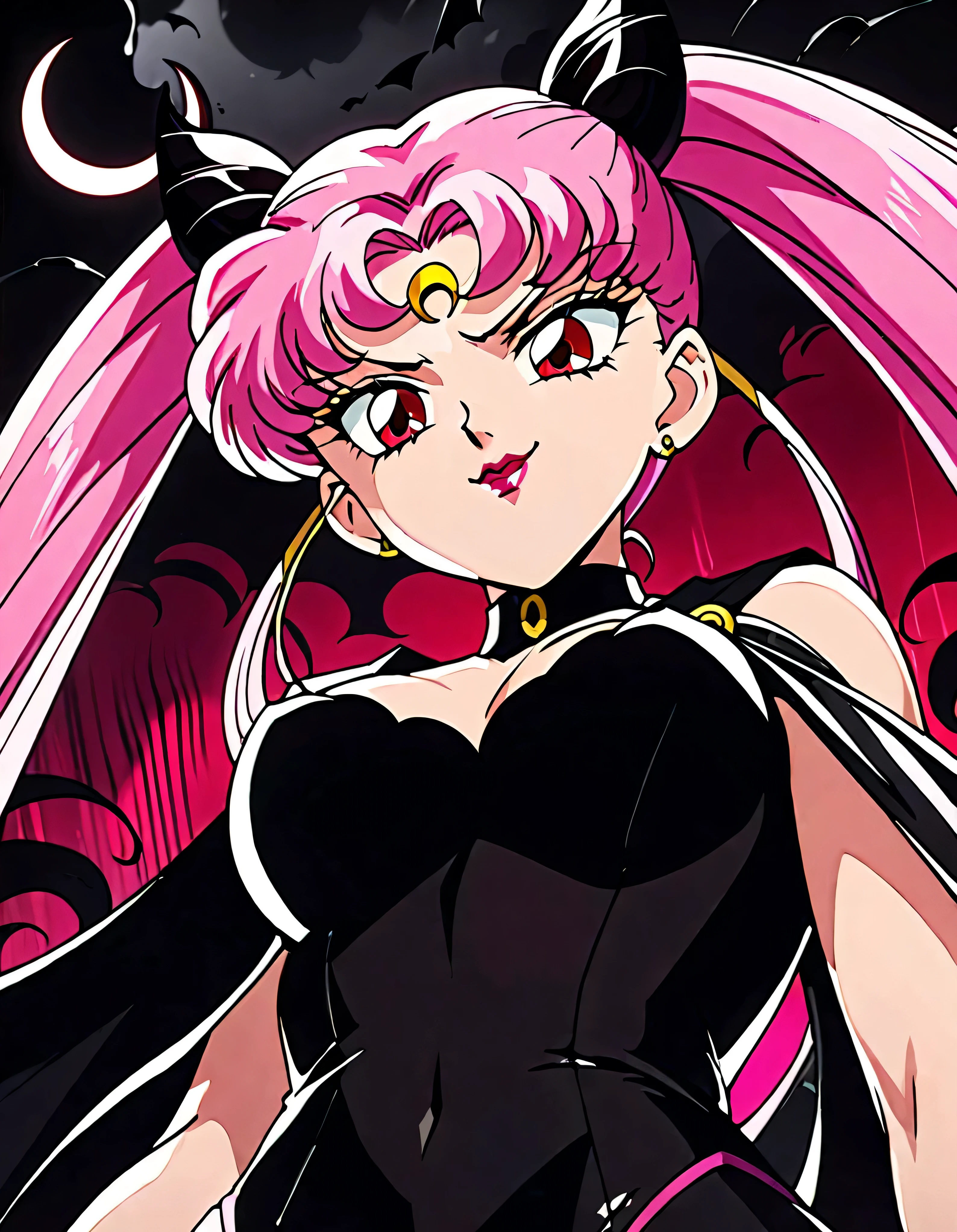  Sailor Moon Wicked Lady, Pink Hair, Red eyes, ,  Black Crescent Moon Mark on Forehead , very evil smirk,beautiful body,shaded face(eyes in evil shadow),((masterpiece,best quality)), absurdes,black dress,upper body,beautiful face,,looking down at viewer,twintail,,Sadistic ridicule,look down,looking down at viewer, ,,from below,close up,Dark Side、Alone.1girl、darkness,wander,cyberpunk,evil and huge black ink swirl background,