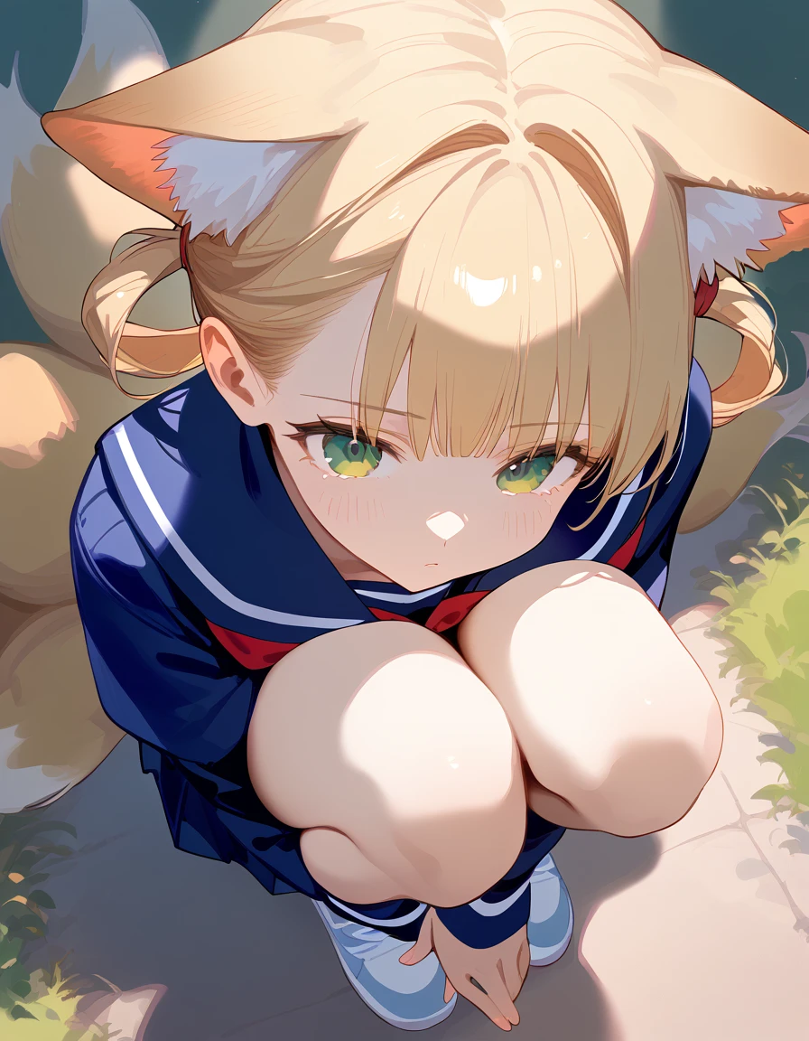 score_9,score_8_above,score_7_above,
1 girl,Alone,Suzurán ,boca cerrada, green eyes,Tear_above, hair rings ,Fluffy animal ear,blonde,multiple tails,fox tail,outdoors,in a meadow,( school uniform :1.2),on the ground,),crouching,from below , looking at the spectator,