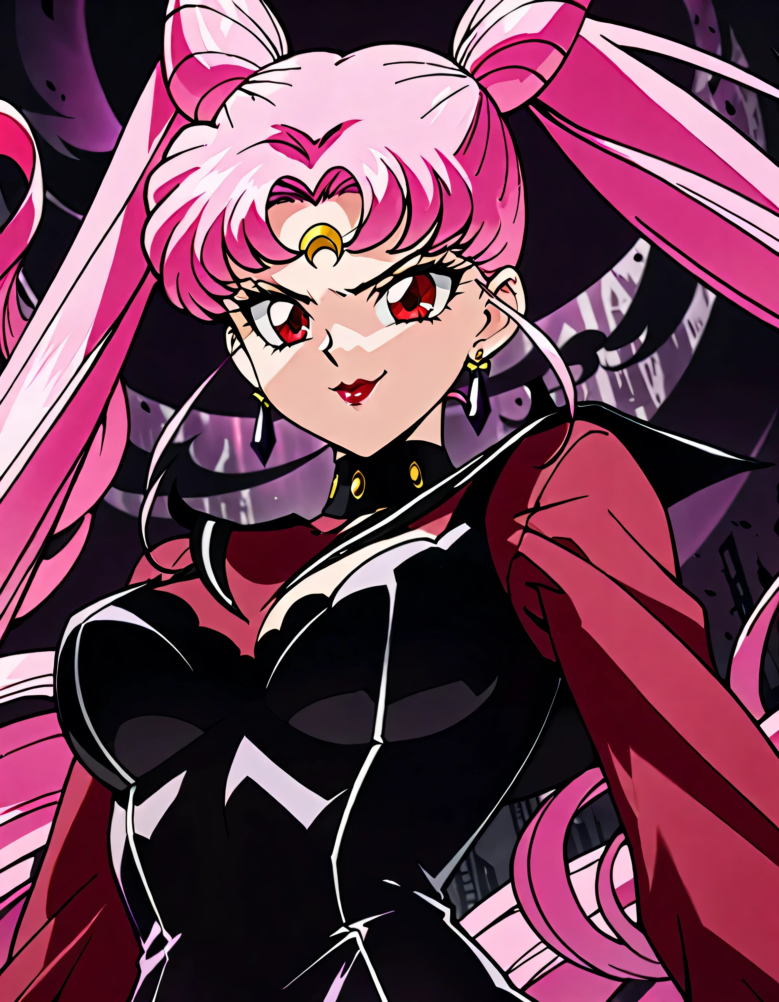  Sailor Moon Wicked Lady, Pink Hair, Red eyes, ,  Black Crescent Moon Mark on Forehead , very evil smirk,beautiful body,shaded face(eyes in evil shadow),((masterpiece,best quality)), absurdes,black dress,upper body,beautiful face,,looking down at viewer,twintail,,Sadistic ridicule,look down,looking down at viewer, ,,from below,close up,Dark Side、Alone.1girl、darkness,wander,cyberpunk,evil and huge black ink swirl background,