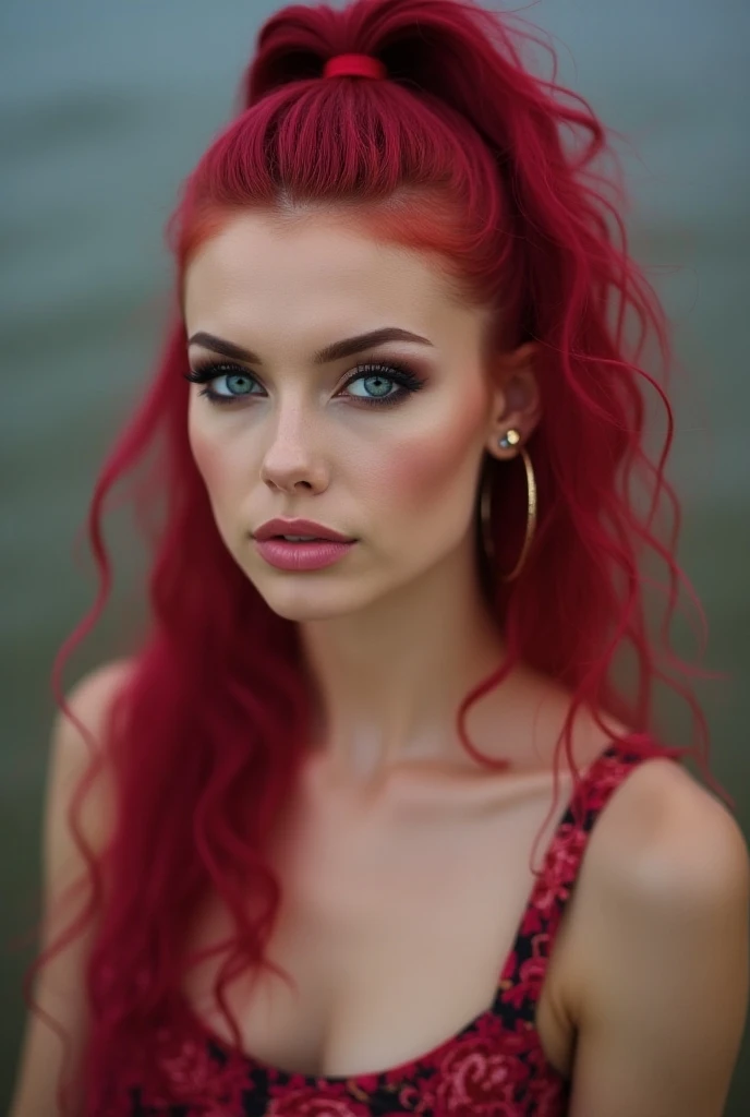 hermosa mujer joven con cabello rojo, cara linda y hermosos ojos azules, cintura pequena y caderas grandes con un gran trasero, hermoso cuerpo en sexy traje de bano rojo en diferentes poses de cuerpo completo