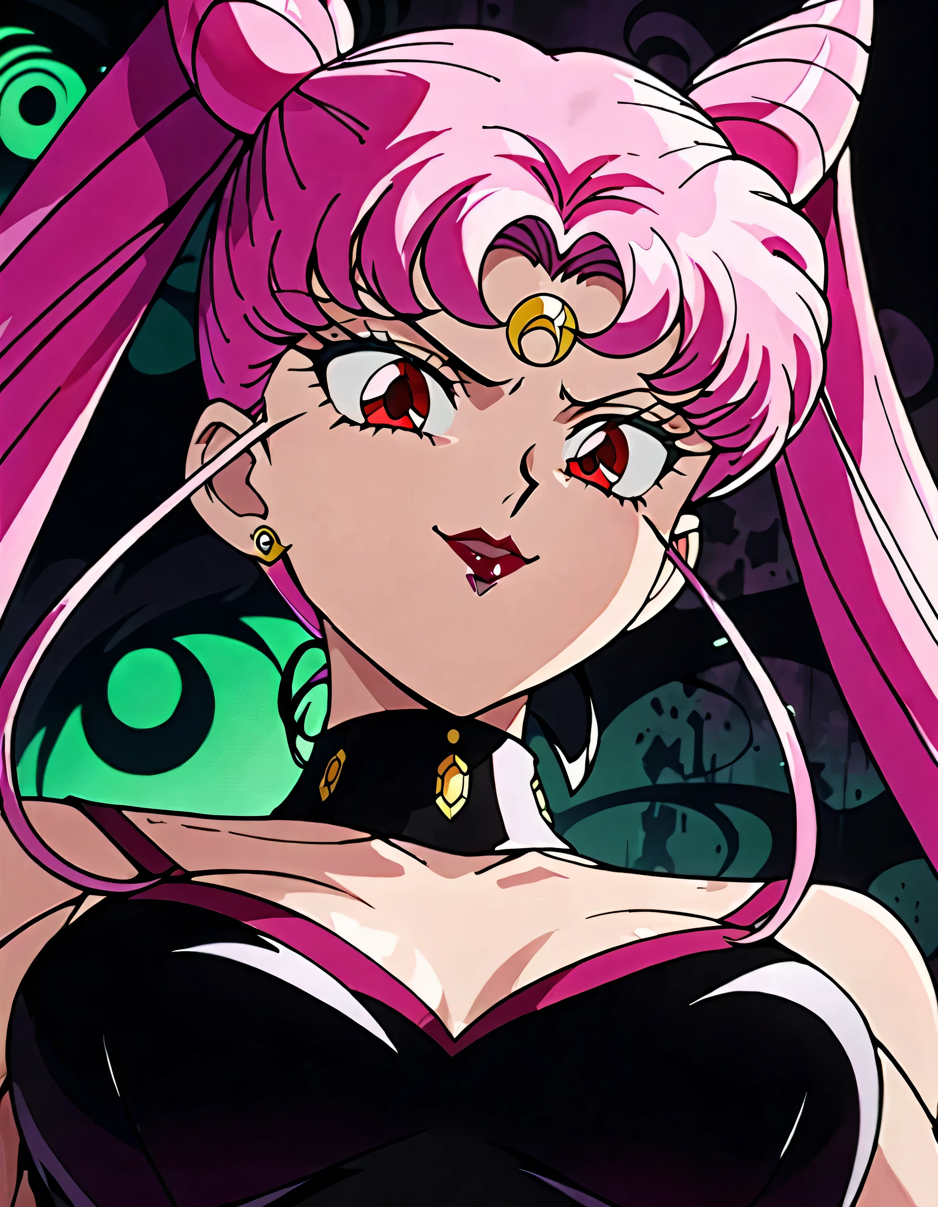  Sailor Moon Wicked Lady, Pink Hair, Red eyes, ,  Black Crescent Moon Mark on Forehead , very evil smirk,beautiful body,shaded face(eyes in evil shadow),((masterpiece,best quality)), absurdes,black dress,upper body,beautiful face,,looking down at viewer,twintail,,Sadistic ridicule,look down,looking down at viewer, ,,from below,close up,Dark Side、Alone.1girl、darkness,wander,cyberpunk,evil and huge black ink swirl background,