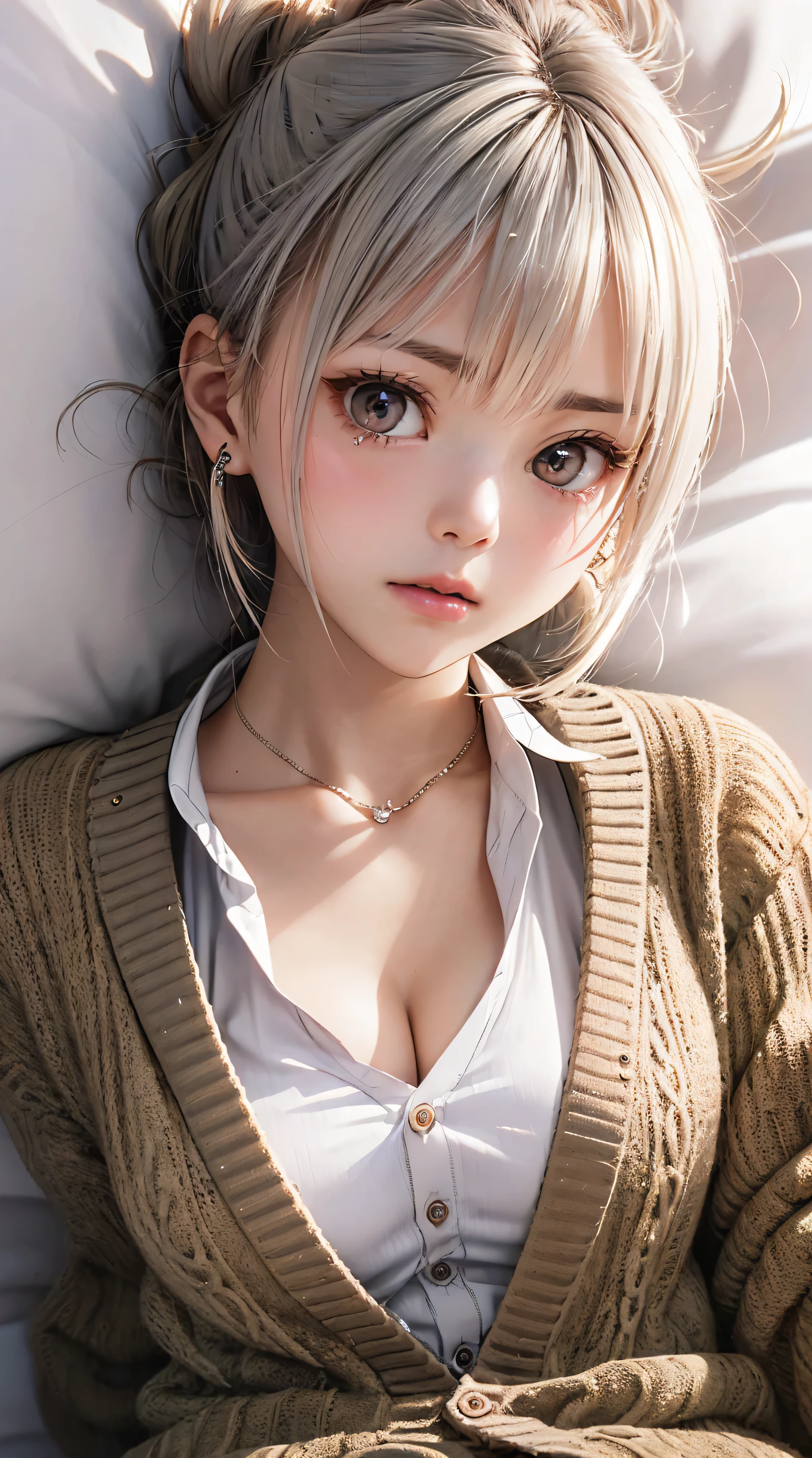 (masterpiece: 1.3), (Maximum resolution: 1.2), (Ultra HD TV: 1.2), Cinematic Light, 8K resolution, Detailed facial features , (Sharp focus: 1.2),Perfect Style, Beautiful Face, Acura, Anatomically correct, Highly detailed face and skin quality感, Beautiful Eyes,ThroughkBright Eyes, Natural Cheeks, Glowing Skin, (Glossy Lips: 1.4),、 (A shameful expression: 1.2),Highly detailed face and skin quality, Natural Cheeks, , Glossy Lips,Exposed cleavage、(White mucus on chest:1.6)(White mucus on thighs:1.6)、 blush、Humiliating、shame、Please open your knees、dissatisfaction、anger、tears、sorrow、Glaring at the camera、Spread your legs、Sparkly little earrings and necklace、Disheveled clothes、Exposed panties、stockings、Drenched in sweat、Thin underwear、Wet underwear、stockings 、Long Hair、32 years old, Clean woman,1 person、 first class cabin、On the bed(On my back, Lying down in bed, Lying down in bedいる, Lying down, White sheets:1.3)、blonde、Silver Hair、Blue-gray eyes、Green-gray eyes,(V-neck shirt and cardigan:1.4)、scarf、dissatisfaction、Masturbate、Nipple exposure、Soft Breasts、Knee Up