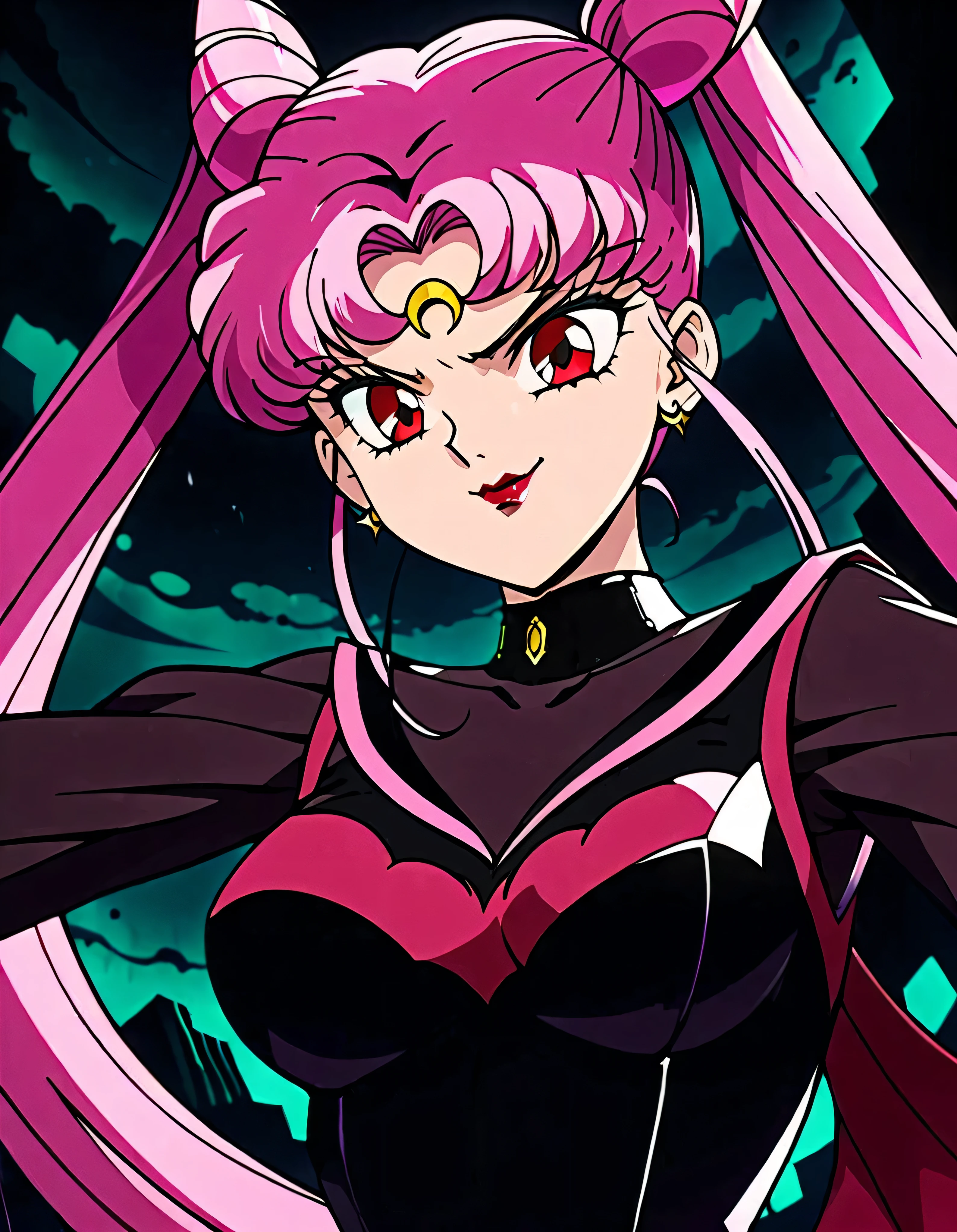  Sailor Moon Wicked Lady, Pink Hair, Red eyes, ,  Black Crescent Moon Mark on Forehead , very evil smirk,beautiful body,shaded face(eyes in evil shadow),((masterpiece,best quality)), absurdes,black dress,upper body,beautiful face,,looking down at viewer,twintail,,Sadistic ridicule,look down,looking down at viewer, ,,from below,close up,Dark Side、Alone.1girl、darkness,wander,cyberpunk,evil and huge black ink ocean background,