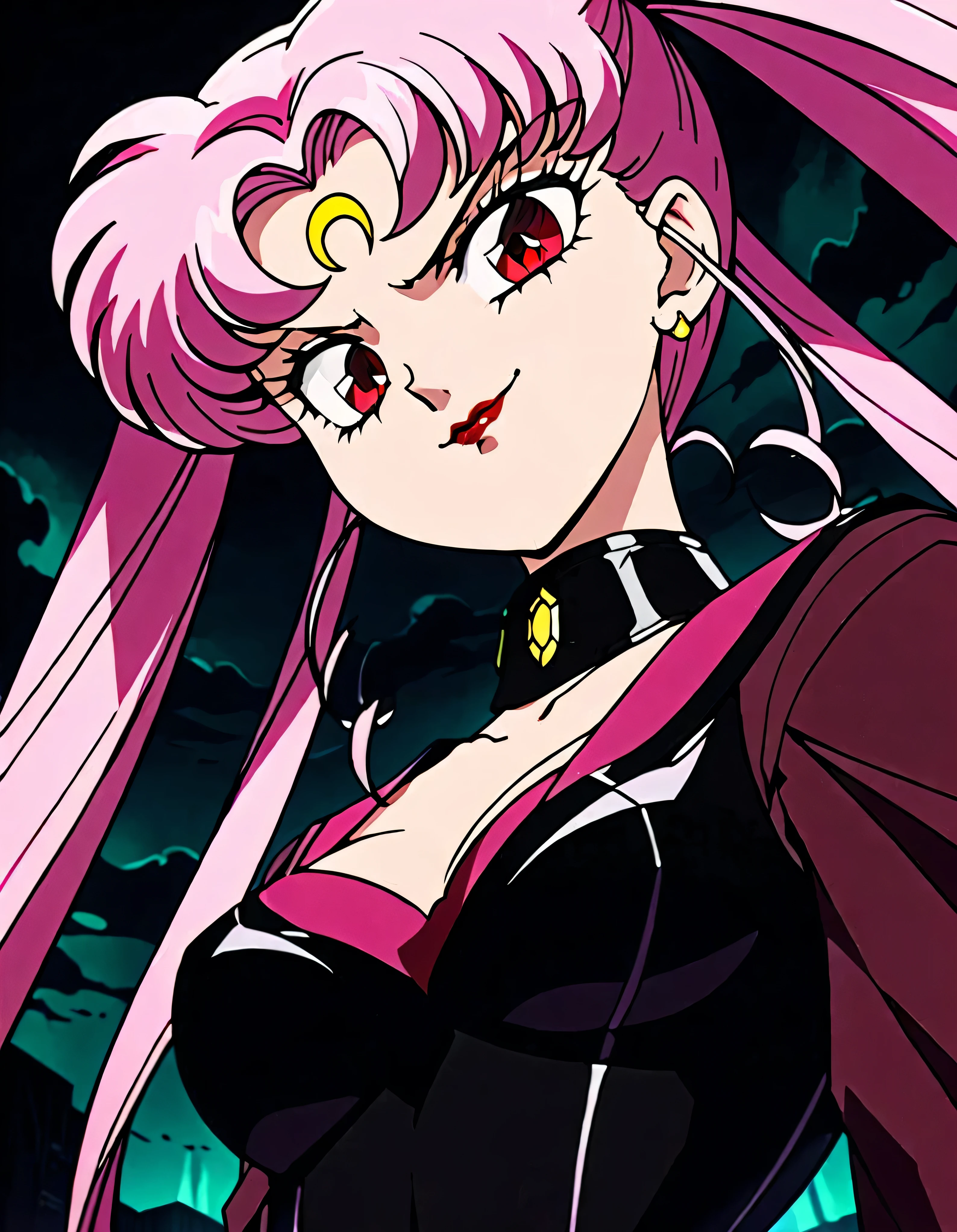  Sailor Moon Wicked Lady, Pink Hair, Red eyes, ,  Black Crescent Moon Mark on Forehead , very evil smirk,beautiful body,shaded face(eyes in evil shadow),((masterpiece,best quality)), absurdes,black dress,upper body,beautiful face,,looking down at viewer,twintail,,Sadistic ridicule,look down,looking down at viewer, ,,from below,close up,Dark Side、Alone.1girl、darkness,wander,cyberpunk,evil and huge black ink ocean background,