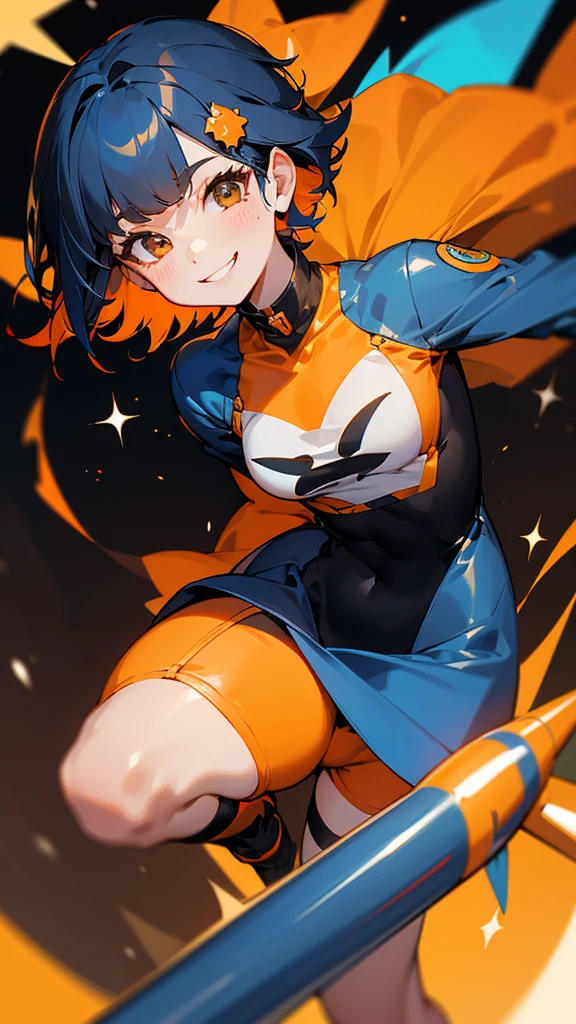 anime girl,red riboon in her hair,wearing tight cloths,cute face,standing,orange hair with red at the tip of her hair,white solid background