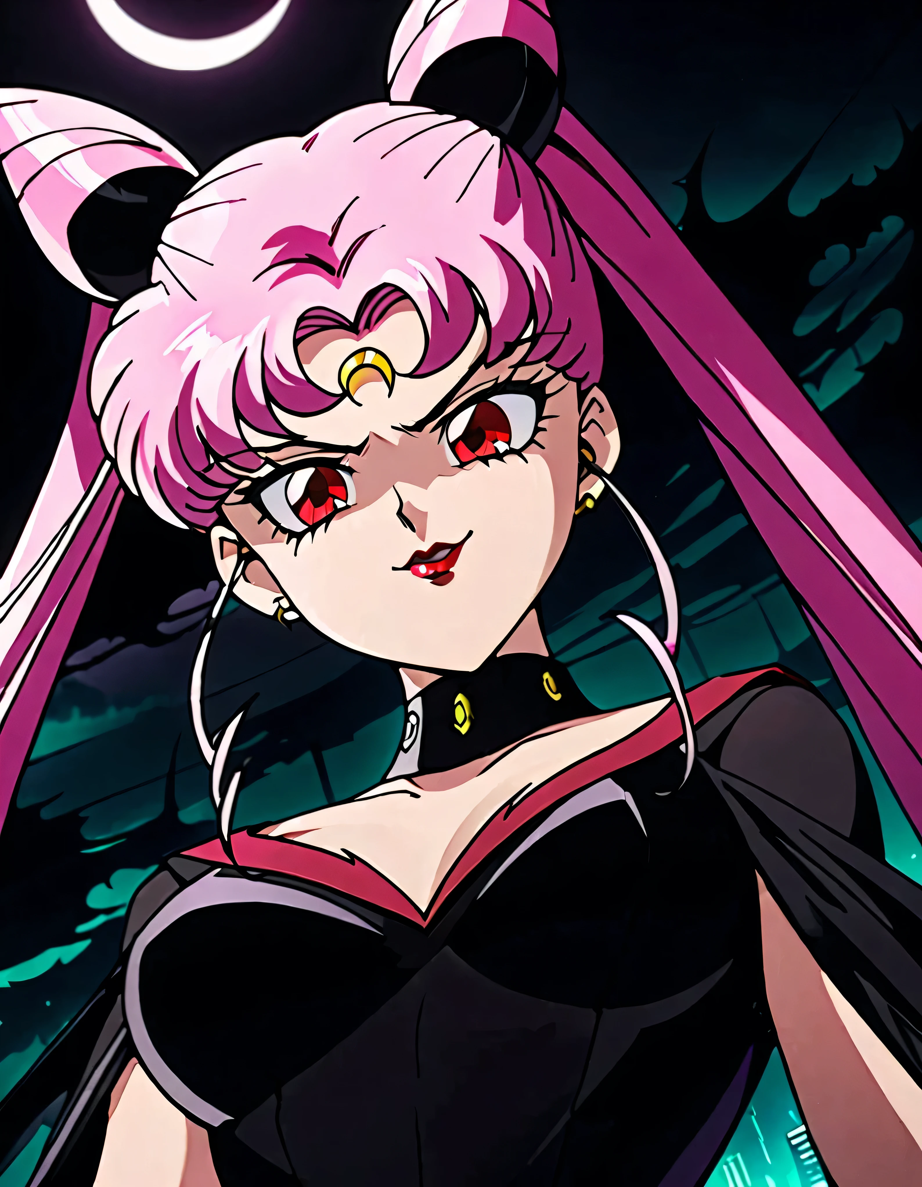  Sailor Moon Wicked Lady, Pink Hair, Red eyes, ,  Black Crescent Moon Mark on Forehead , very evil smirk,beautiful body,shaded face(eyes in evil shadow),((masterpiece,best quality)), absurdes,black dress,upper body,beautiful face,,looking down at viewer,twintail,,Sadistic ridicule,look down,looking down at viewer, ,,from below,close up,Dark Side、Alone.1girl、darkness,wander,cyberpunk,evil and huge black ink ocean background,