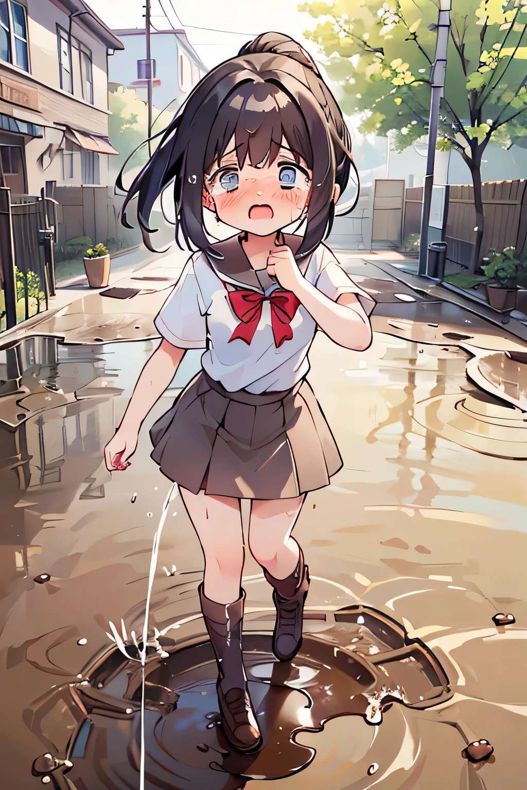 Best Quality、 high resolution on down、(High image quality:1.2)、masterpiece、 detailed background、 detailed eyes 、Teenage beauty、 bob cut、 ponytail、after school、The girl who was playing in the school yard is running around cheerfully 、( accidentally falls into a muddy puddle and is surprised and starts crying:1.5)、cute