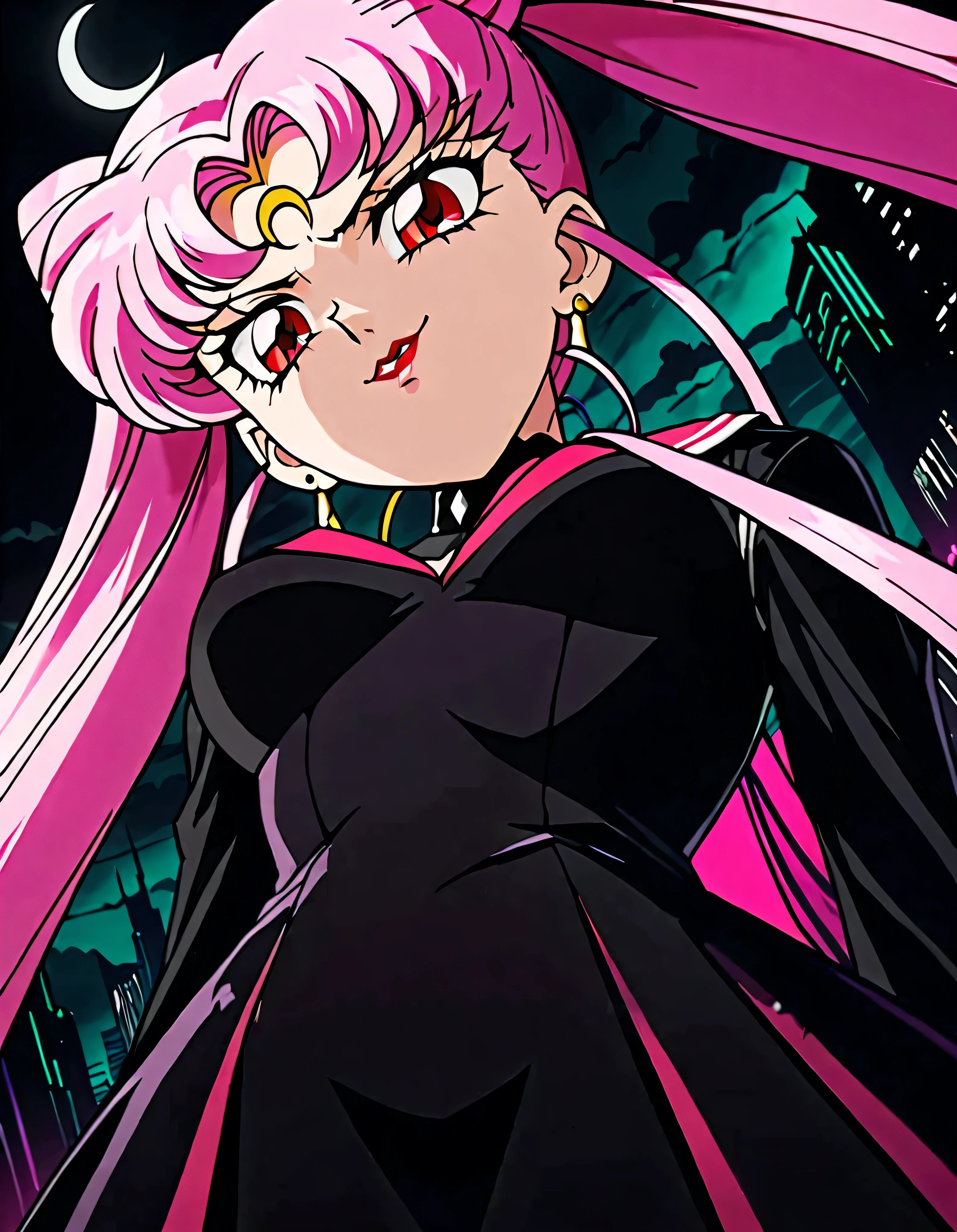  Sailor Moon Wicked Lady, Pink Hair, Red eyes, ,  Black Crescent Moon Mark on Forehead , very evil smirk,beautiful body,shaded face(eyes in evil shadow),((masterpiece,best quality)), absurdes,black dress,upper body,beautiful face,,looking down at viewer,twintail,,Sadistic ridicule,look down,looking down at viewer, ,,from below,close up,Dark Side、Alone.1girl、darkness,wander,cyberpunk,evil and huge black ink ocean background,