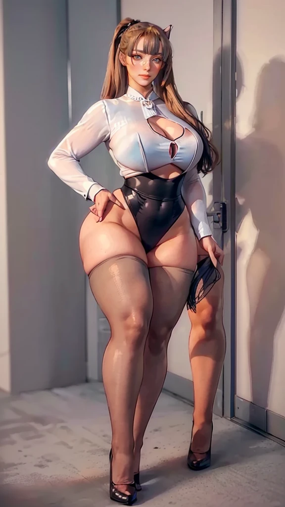 wide hips, attractive long legs, wedge heels,  beautiful eyes, Beautiful whole body, big breasts, protruding belly , short and tight school girl uniform, bikini, underwear, a tempting look, Abs, Plump body shape, shott black hair, glasses,  red eyes, full body, Bewitching pose, thick calves, Slightly parted lips, Blank Eyes