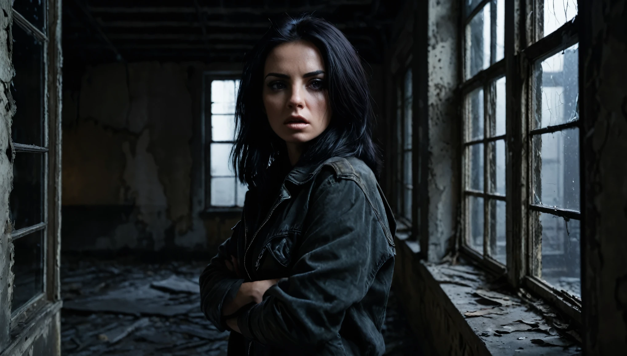 Brunette woman with black hair, with a dagger, nervous in the window of an abandoned building, cold and gloomy night, little light.