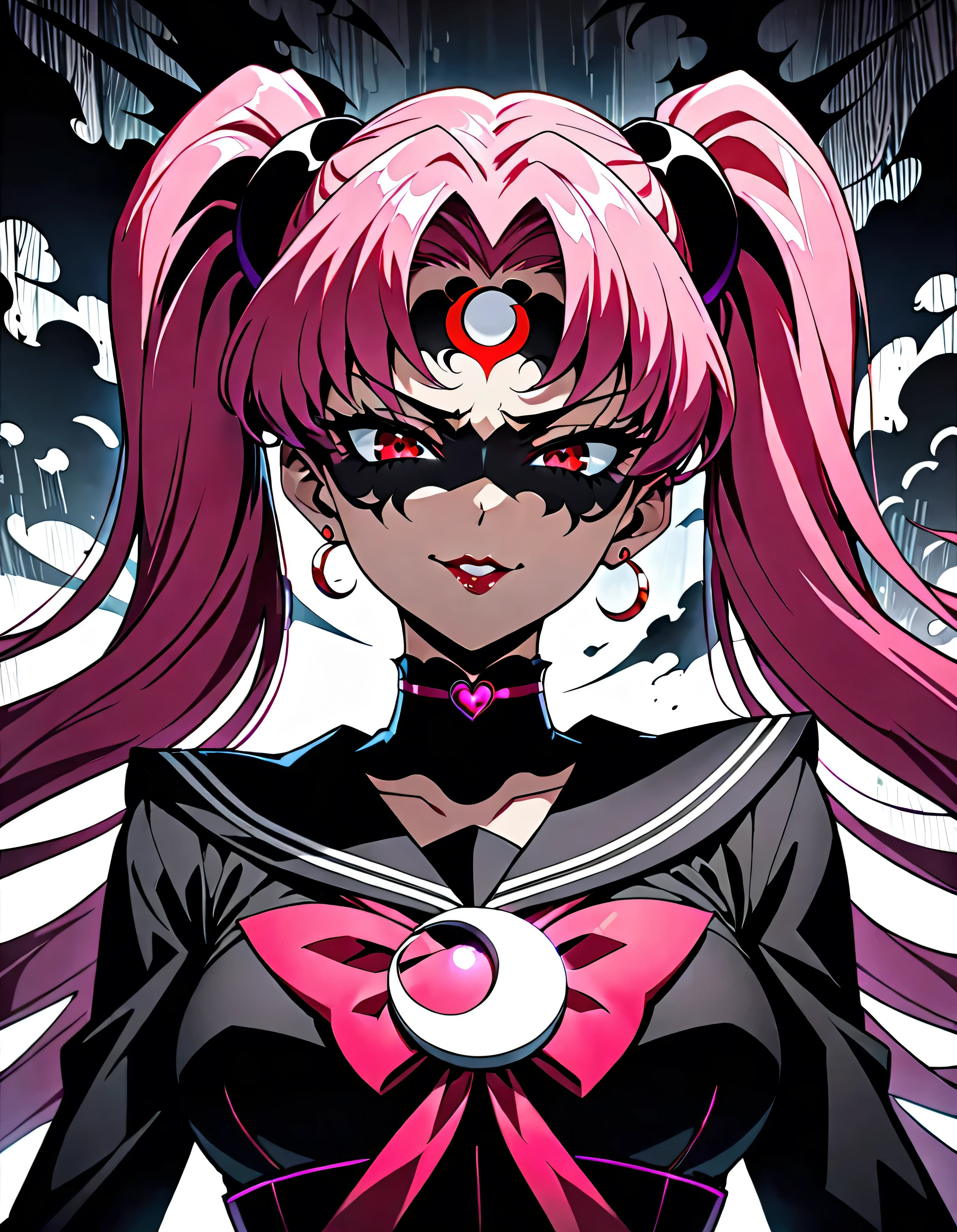  Sailor Moon Wicked Lady, Pink Hair, Red eyes, ,  Black Crescent Moon Mark on Forehead , very evil smirk,beautiful body,shaded face(eyes in evil shadow),((masterpiece,best quality)), absurdes,black dress,upper body,beautiful face,,looking down at viewer,twintail,,Sadistic ridicule,look down,looking down at viewer, ,,from below,close up,Dark Side、Alone.1girl、darkness,wander,cyberpunk,evil and huge black ink wave background,