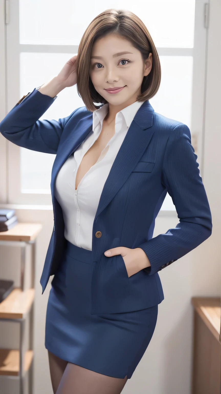 Best Quality 、8k、masterpiece、 super high definition 、Clear Photo、 Professional Lighting 、Natural Light、Realistic、 High Definition Skins 、 Perfect Anatomy、 one woman、Age 30、:1.8、Big Breasts、blonde、 short bob hair、Beautiful Hair、smile、(Tight Suit、 dark blue jacket in front of the photocopier、 white v neck rib knit 、 cleavage、 navy blue pencil skirt 、 pantyhose)、(( autumn park、 lots of fallen leaves ))、Standing pose、((( full body shot、 looking at camera)))