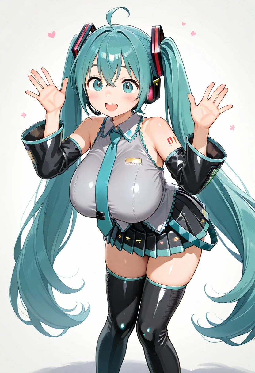 miku hatsune, ahoge, aqua eyes, aqua hair, crossed bangs, hair between eyes, hair ornament, headphones, long hair, twintails, (huge breast:1.5),
aqua necktie, black footwear, black skirt, black sleeves, boots, collared shirt, detached sleeves, grey shirt, necktie, pleated skirt, shirt, skirt, sleeveless, sleeveless shirt, thigh boots, tie clip,