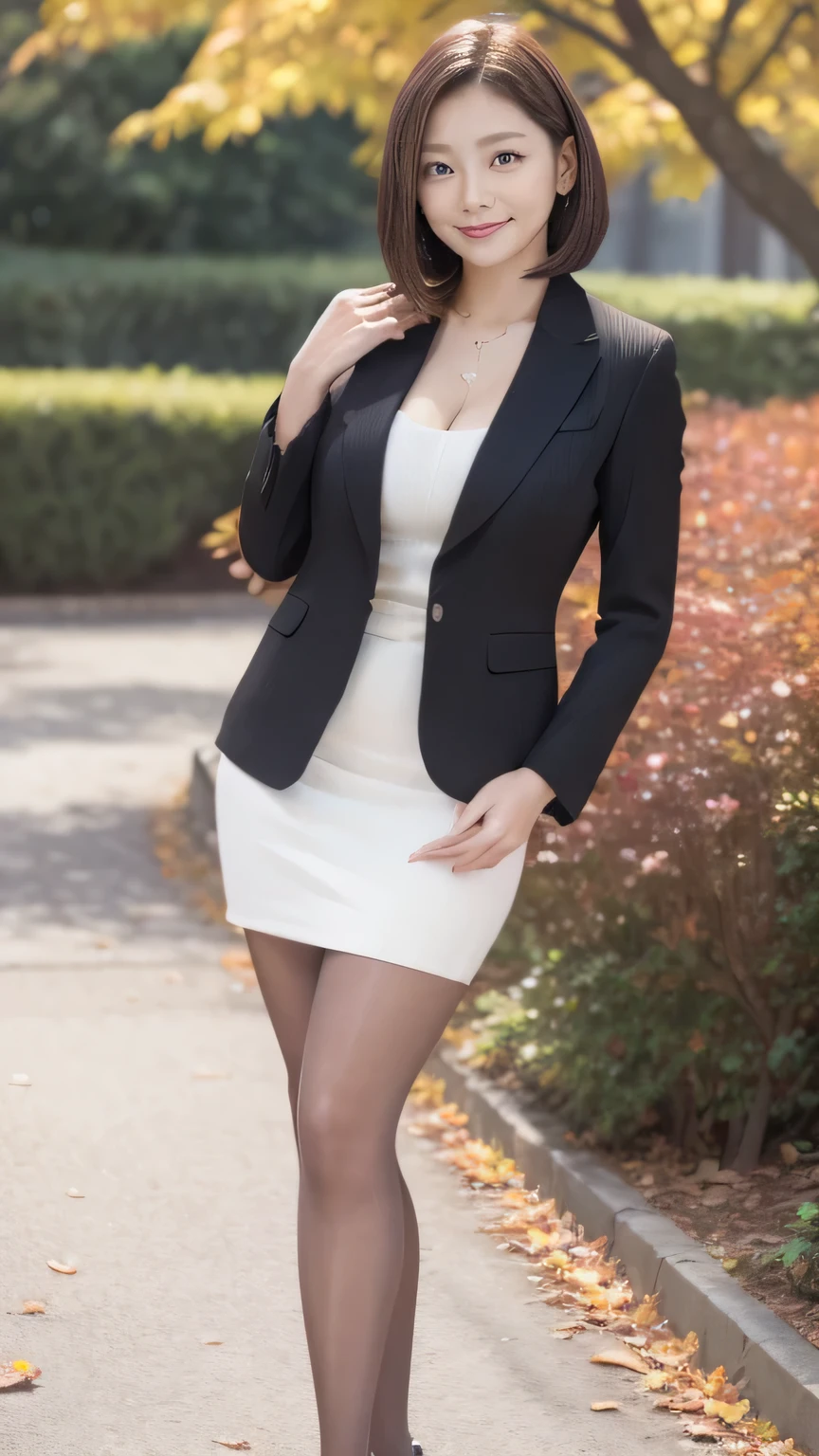 Best Quality 、8k、masterpiece、 super high definition 、Clear Photo、 Professional Lighting 、Natural Light、Realistic、 High Definition Skins 、 Perfect Anatomy、 one woman、Age 30、:1.8、Big Breasts、blonde、 short bob hair、Beautiful Hair、smile、(Tight Suit、 Black jacket、White ribbed knit、 cleavage、 black pencil skirt 、 pantyhose)、(( autumn park、 lots of fallen leaves ))、Standing pose、((( full body shot、 looking at camera)))