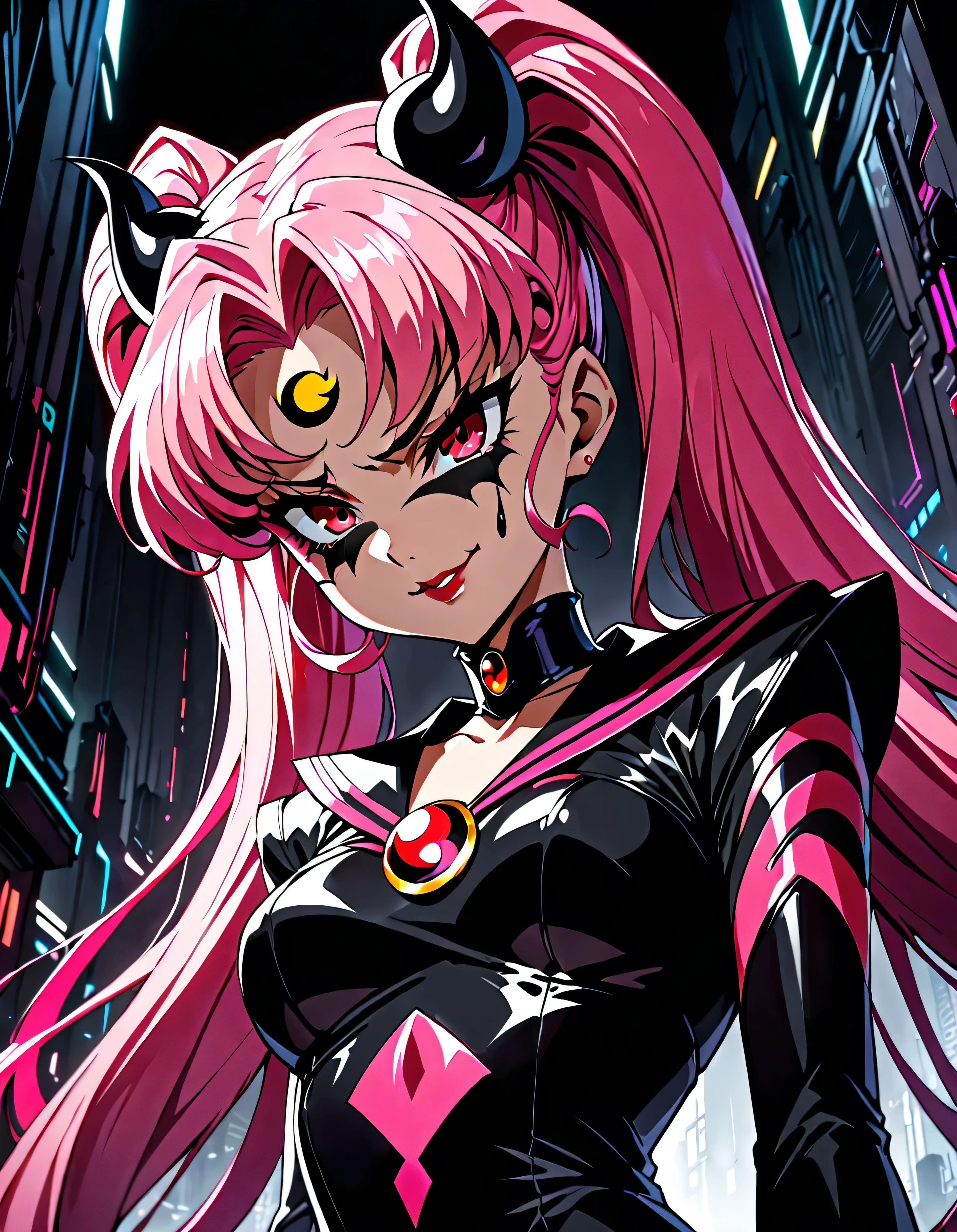  Sailor Moon Wicked Lady, Pink Hair, Red eyes, ,  Black Crescent Moon Mark on Forehead , very evil smirk,beautiful body,shaded face(eyes in evil shadow),((masterpiece,best quality)), absurdes,black dress,upper body,beautiful face,,looking down at viewer,twintail,,Sadistic ridicule,look down,looking down at viewer, ,,from below,close up,Dark Side、Alone.1girl、darkness,wander,cyberpunk,A background of evil and massive amounts of black ink pouring down,