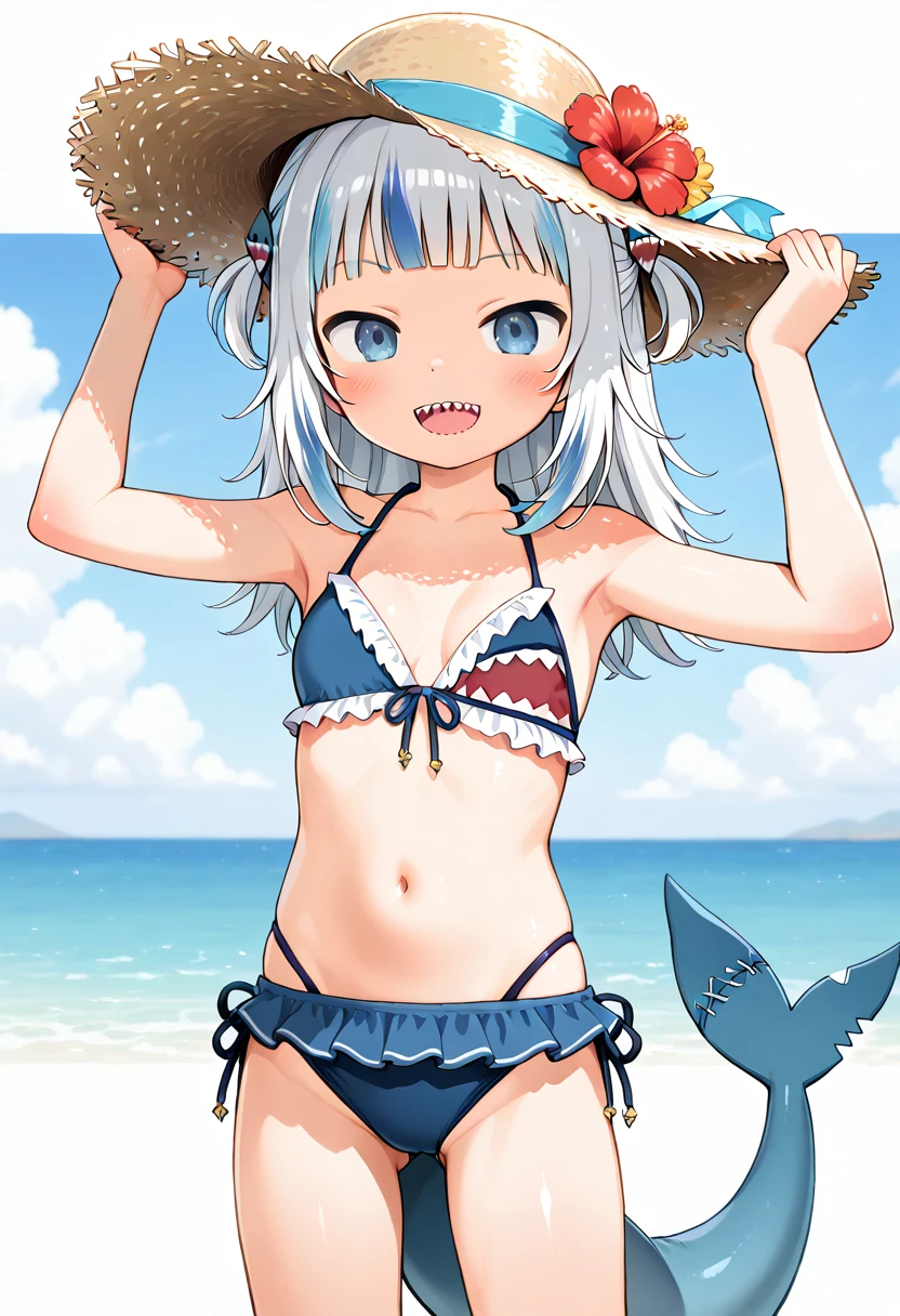 amatsukaze (kancolle), 1girl, solo, long hair, breasts, looking at viewer, blush, navel, brown eyes, swimsuit, grey hair, bikini, cowboy shot, small breasts, outdoors, frills, sky, alternate costume, day, cloud, two side up, blue sky, black bikini, hair tubes, frilled bikini, innertube