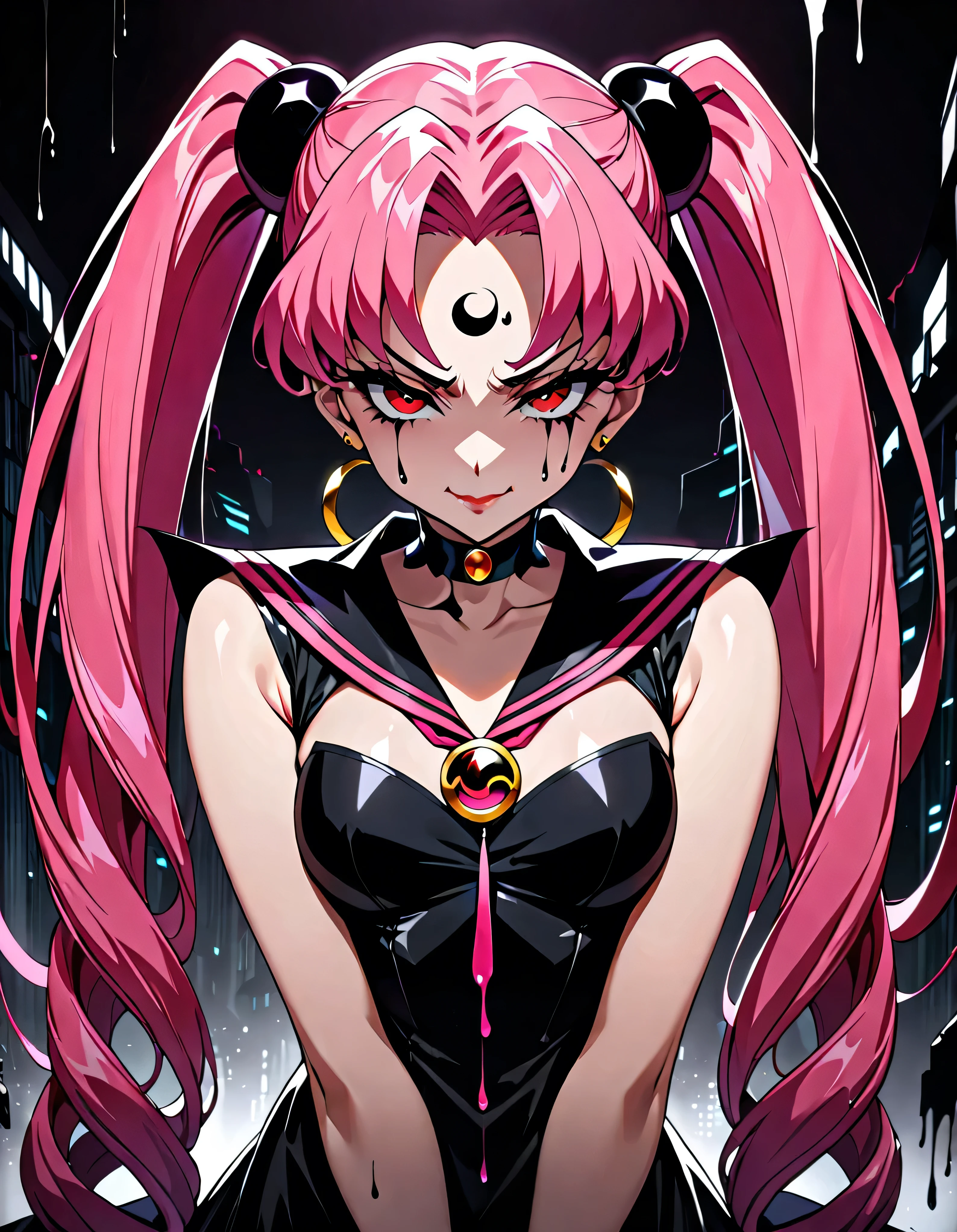  Sailor Moon Wicked Lady, Pink Hair, Red eyes, ,  Black Crescent Moon Mark on Forehead , very evil smirk,beautiful body,shaded face(eyes in evil shadow),((masterpiece,best quality)), absurdes,black dress,upper body,beautiful face,,looking down at viewer,twintail,,Sadistic ridicule,look down,looking down at viewer, ,,from below,close up,Dark Side、Alone.1girl、darkness,wander,cyberpunk,A background of evil and massive amounts of black ink pouring down,