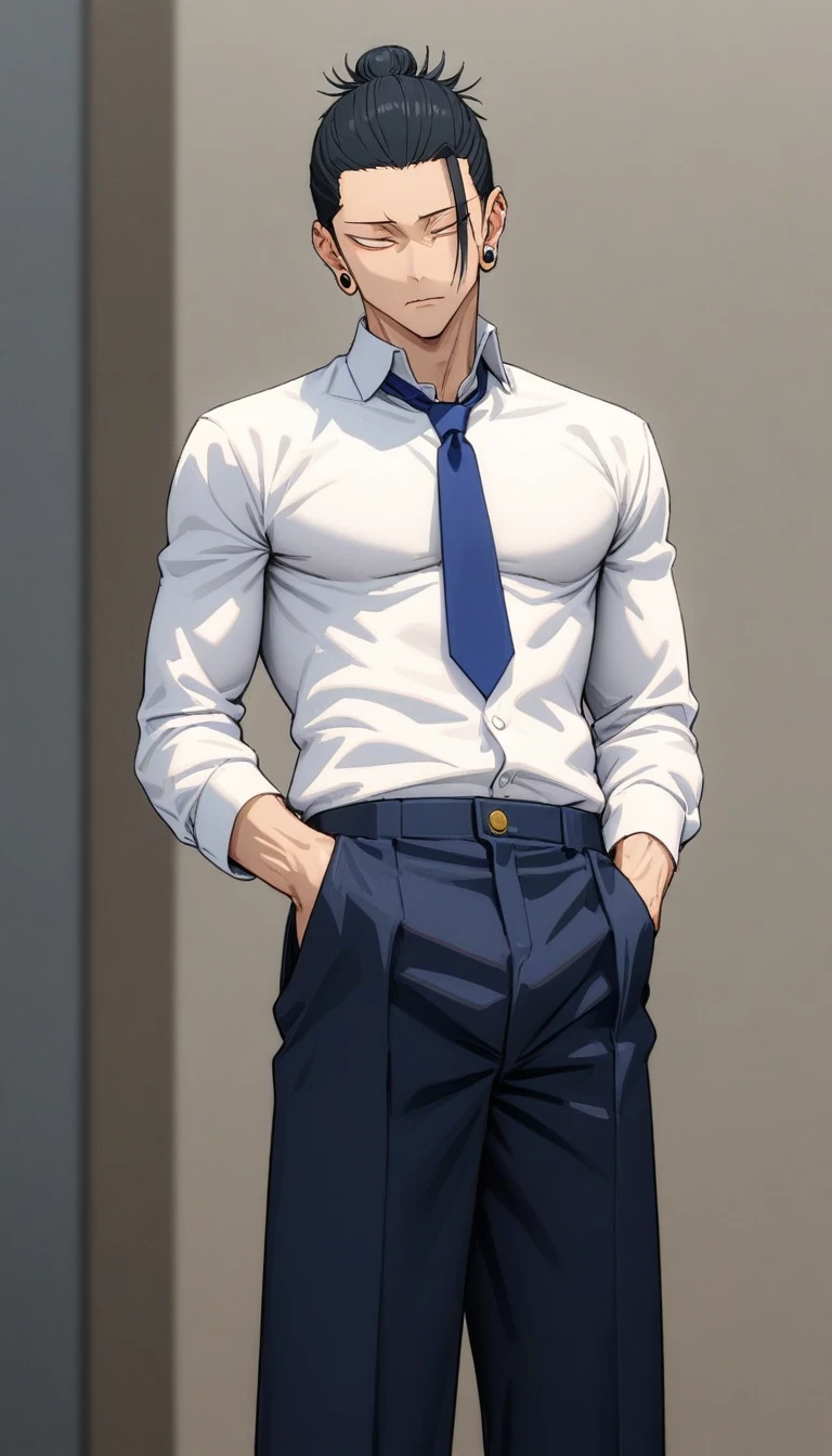 half-body, feet out the frame, standing, 1boy, Geto Suguru, solo, expressive golden eyes, black hair, single hair bun closed mouth, handsome, cool, toned body, lean, school uniform, white shirt with blue necktie, marine pants, ear piercing (detailed beautiful face and eyes), HDR, absurdres, highres, ultra detailed, Jujutsu Kaisen, simple background, (masterpiece, 8k, best quality:1.3)