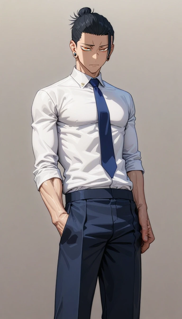 half-body, feet out the frame, standing, 1boy, Geto Suguru, solo, expressive golden eyes, black hair, single hair bun closed mouth, handsome, cool, toned body, lean, school uniform, white shirt with blue necktie, marine pants, ear piercing (detailed beautiful face and eyes), HDR, absurdres, highres, ultra detailed, Jujutsu Kaisen, simple background, (masterpiece, 8k, best quality:1.3)