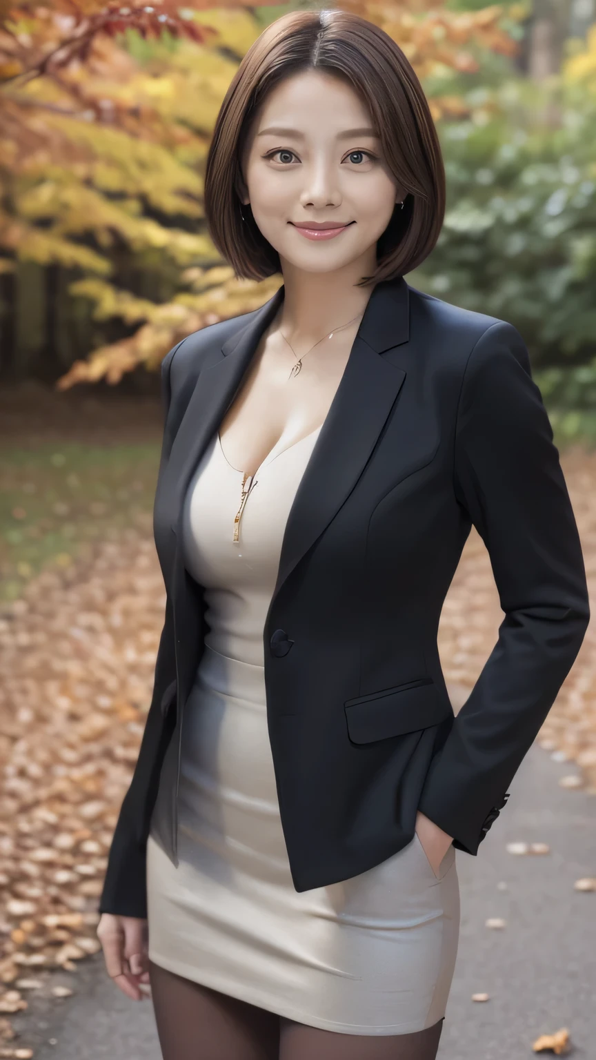 Best Quality 、8k、masterpiece、 super high definition 、Clear Photo、 Professional Lighting 、Natural Light、Realistic、 High Definition Skins 、 Perfect Anatomy、 one woman、Age 30、:1.8、Big Breasts、blonde、 short bob hair、Beautiful Hair、smile、(black tight suit、 Black jacket、 cleavage、 black pencil skirt 、 pantyhose)、(( autumn park、 lots of fallen leaves ))、Standing pose、((( full body shot、 looking at camera)))